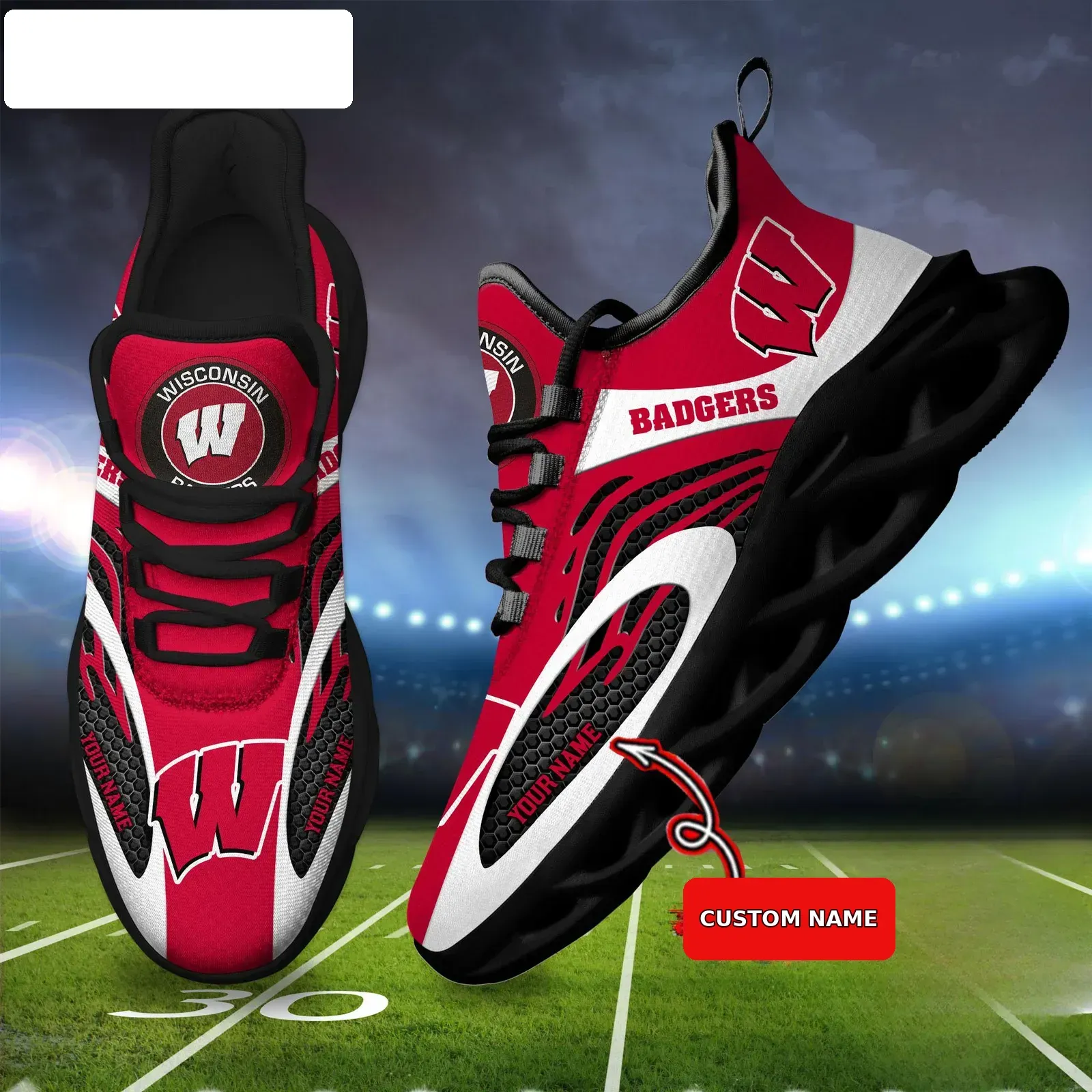 NCAA Wisconsin Badgers Sport Team Custom Name Max Soul Shoes Sneaker, Personalized Red and White Honeycomb College Football Fan Running Kicks