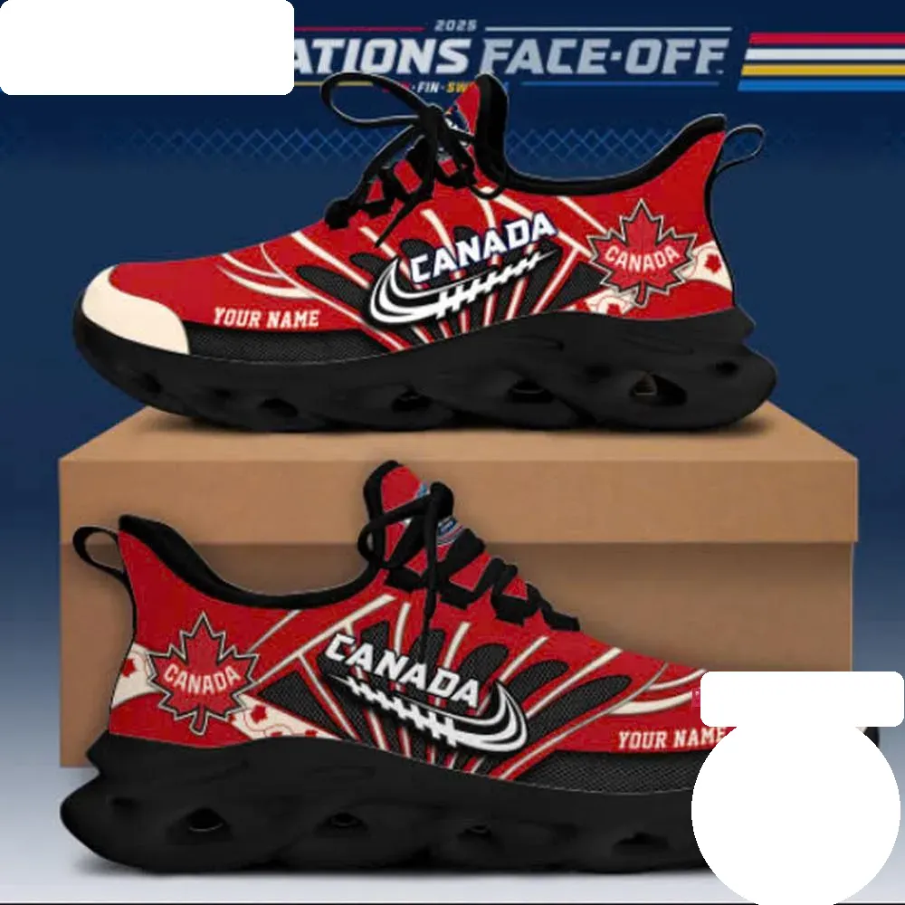 NHL 4 Nations Faceoff Canada Personalized Max Soul Shoes, Custom Name Team Hockey Fan Sneakers, Red Maple Leaf Lace-Up Kicks for Canadian Fans