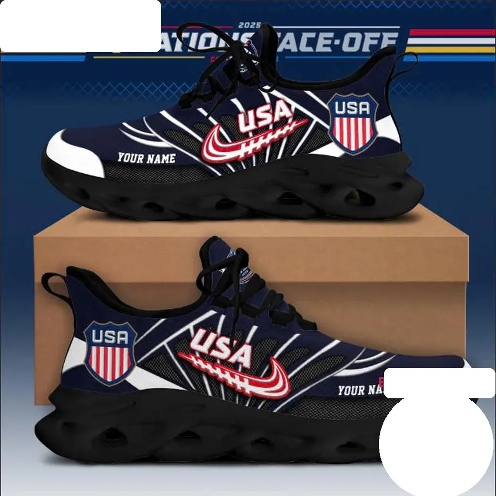 NHL 4 Nations Faceoff USA Personalized Max Soul Shoes, Custom Name Team Hockey Fan Sneakers, Navy Red and White Patriotic Lace-Up Kicks Gift