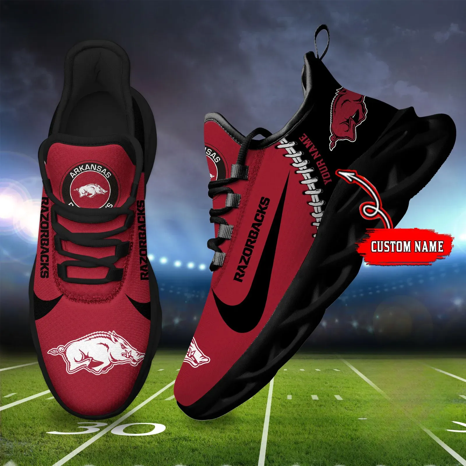 NCAA Arkansas Razorbacks Personalized Max Soul Shoes Sport Sneaker, Custom Name Cardinal and Black College Football Fan Kicks, Woo Pig Sooie Gift