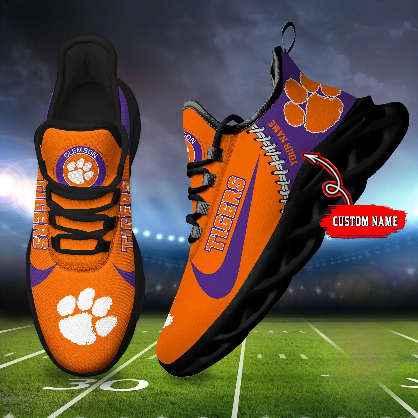NCAA Clemson Tigers Custom Name Max Soul Shoes Sport Sneaker, Personalized Orange and Purple College Football Fan Kicks, Death Valley Gift Idea
