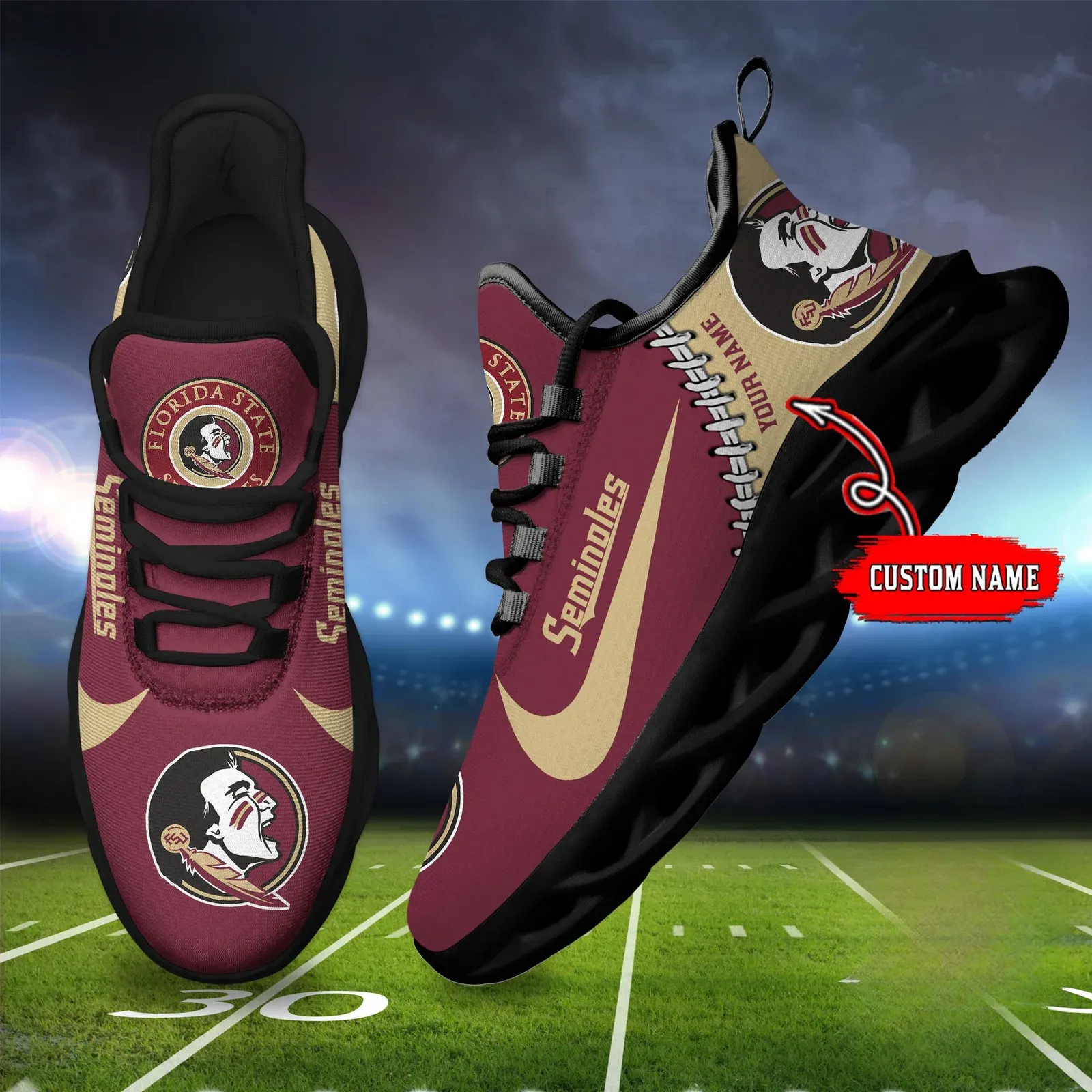 NCAA Florida State Seminoles Personalized Max Soul Shoes Sport Sneaker, Custom Name Garnet and Gold College Football Kicks, Tallahassee Fan Gift