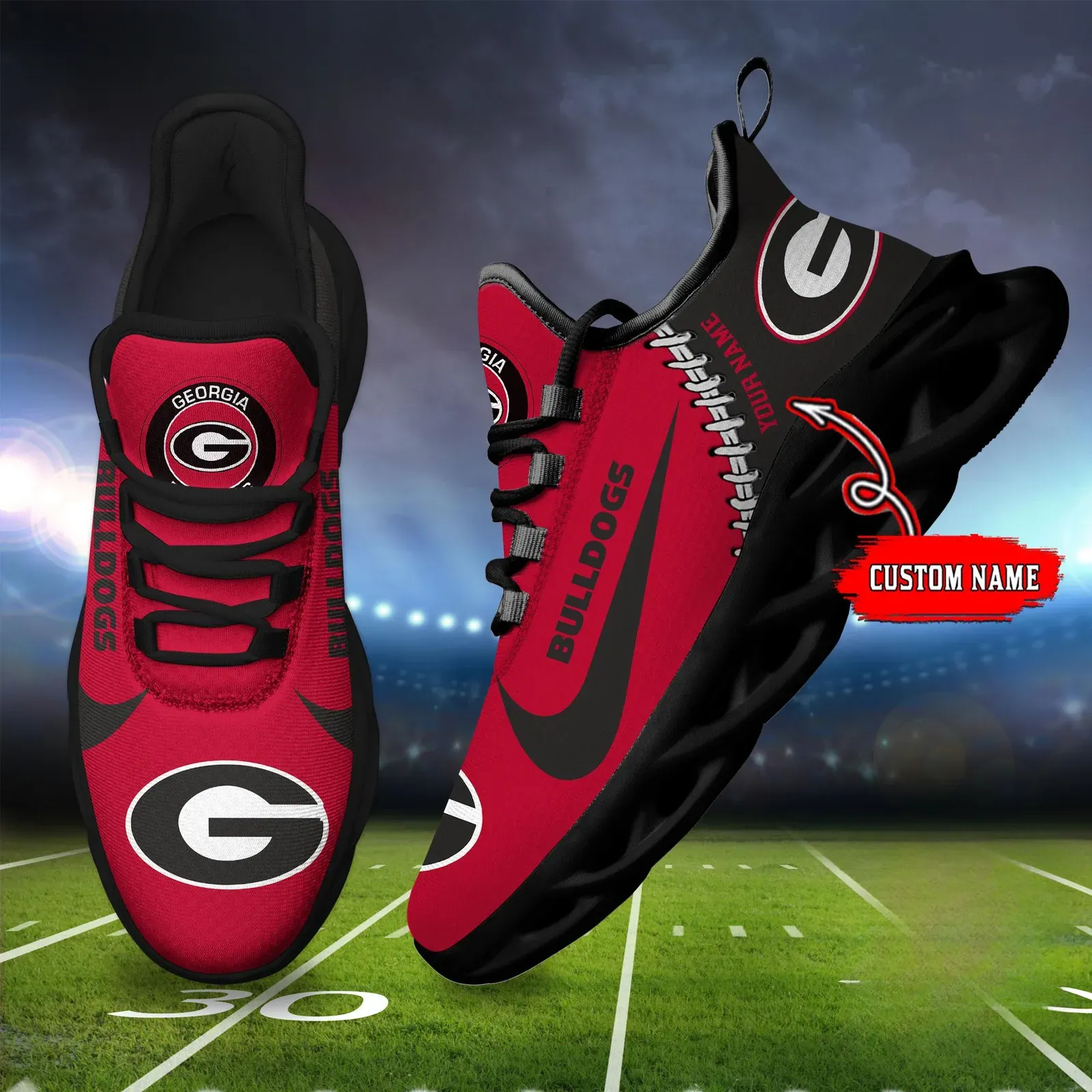 NCAA Georgia Bulldogs Custom Name Max Soul Shoes Sport Sneaker, Personalized Red and Black College Football Fan Kicks, Athens Dawgs Game Day Gift