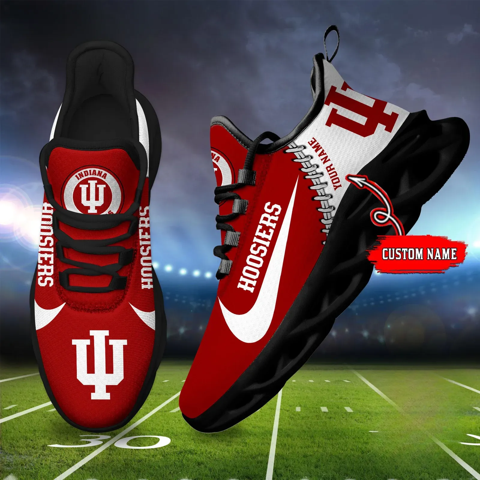 NCAA Indiana Hoosiers Personalized Max Soul Shoes Sport Sneaker, Custom Name Crimson and Cream College Football Fan Kicks, Bloomington Gift Idea