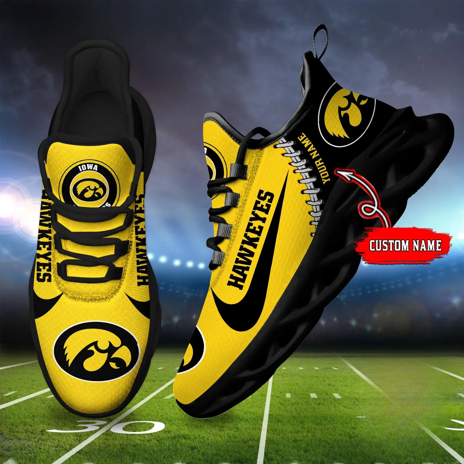 NCAA Iowa Hawkeyes Custom Name Max Soul Shoes Sport Sneaker, Personalized Black and Gold College Football Fan Kicks, Kinnick Game Day Gift Idea