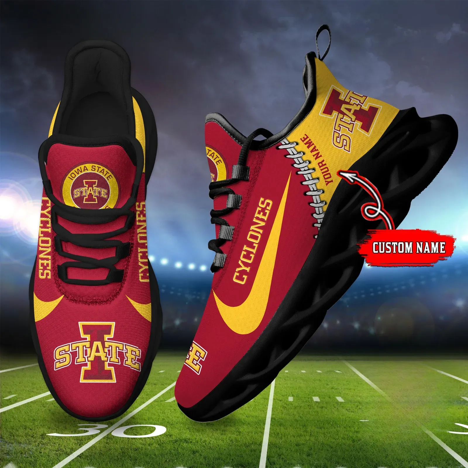 NCAA Iowa State Cyclones Personalized Max Soul Shoes Sport Sneaker, Custom Name Cardinal and Gold College Football Fan Kicks, Ames Game Day Gift