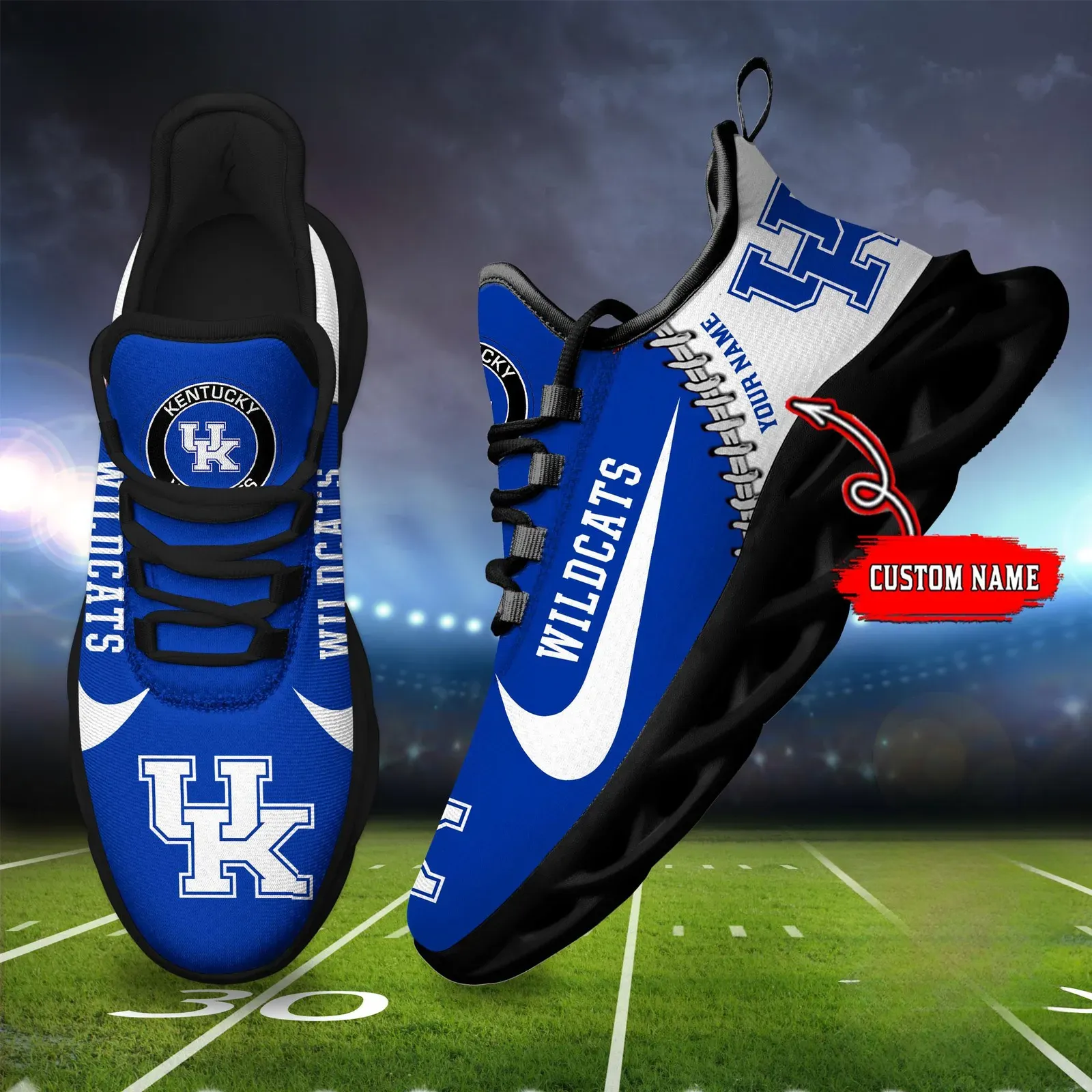NCAA Kentucky Wildcats Custom Name Max Soul Shoes Sport Sneaker, Personalized Royal Blue and White College Football Fan Kicks, Lexington Gift