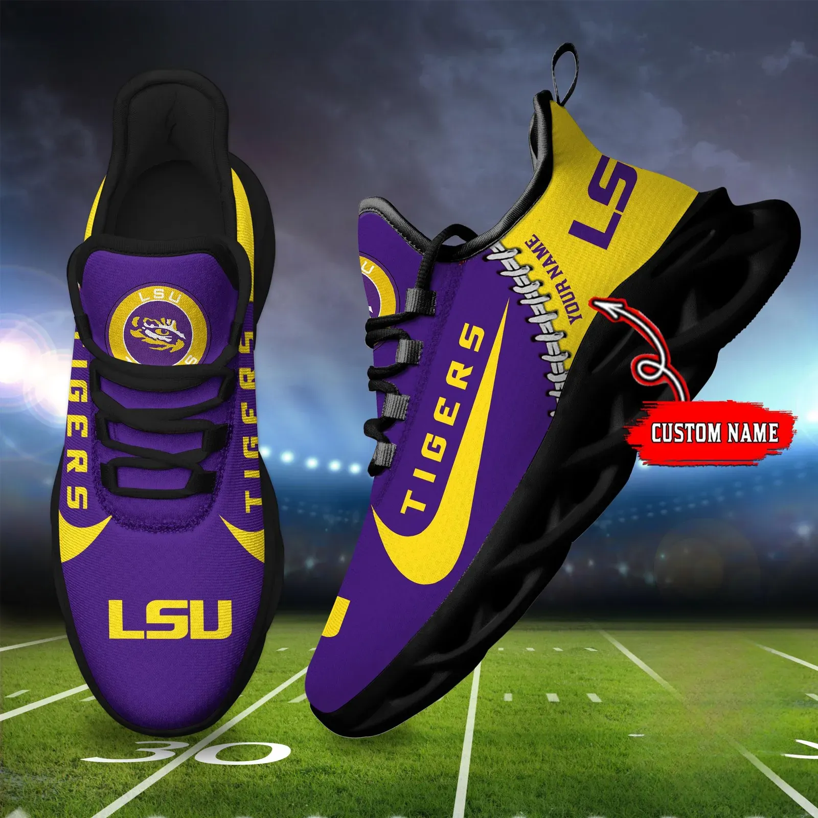 NCAA LSU Tigers Personalized Max Soul Shoes Sport Sneaker, Custom Name Purple and Gold College Football Fan Kicks, Baton Rouge Game Day Gift