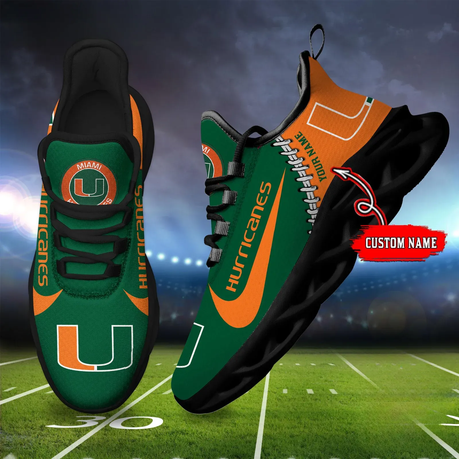 Personalized NCAA Miami Hurricanes Max Soul Shoes, Custom Name College Football Fan Sneakers, New Season Sport Running Shoes