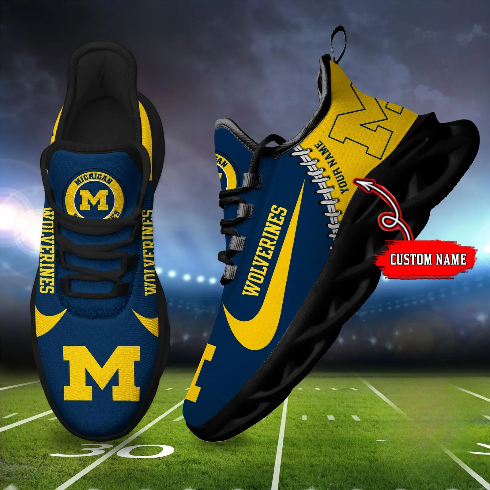 NCAA Michigan Wolverines Custom Name Max Soul Shoes Sport Sneaker, Personalized Maize and Blue College Football Fan Kicks, Ann Arbor Gift Idea