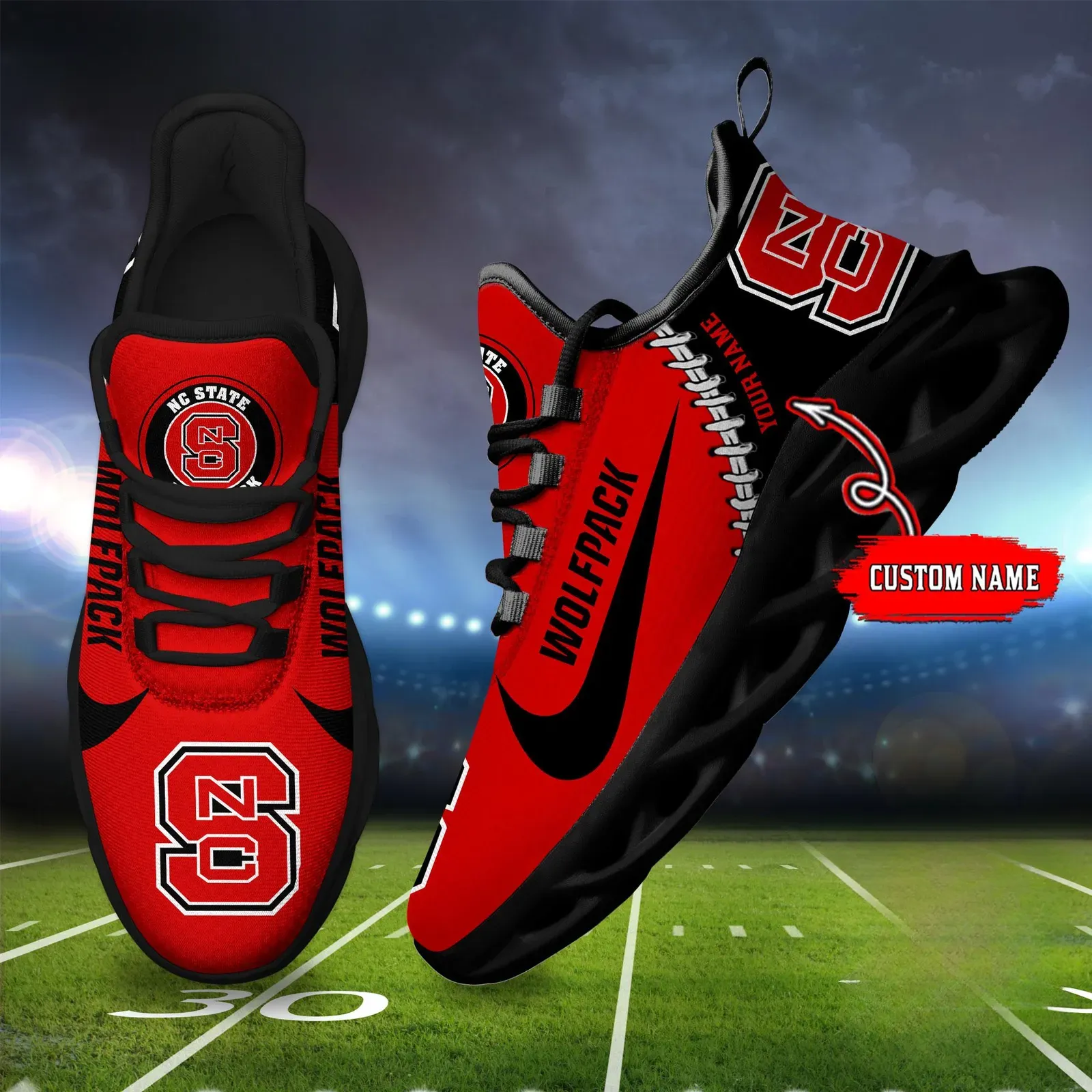 NCAA NC State Wolfpack Personalized Max Soul Shoes Sport Sneaker, Custom Name Red and Black College Football Fan Kicks, Raleigh Game Day Gift