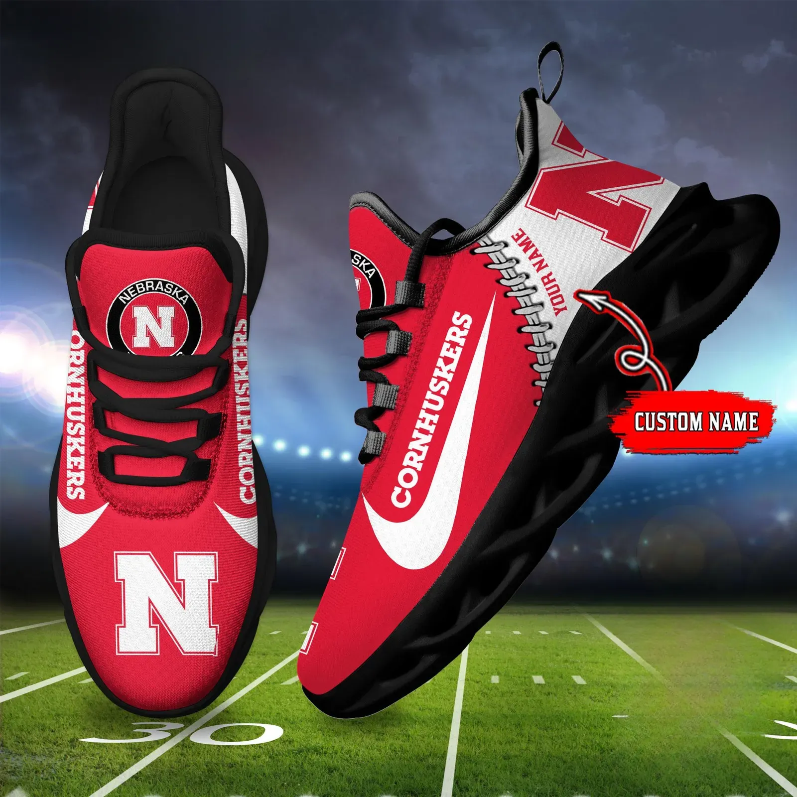 NCAA Nebraska Cornhuskers Custom Name Max Soul Shoes Sport Sneaker, Personalized Red and White College Football Kicks, Lincoln Husker Fan Gift