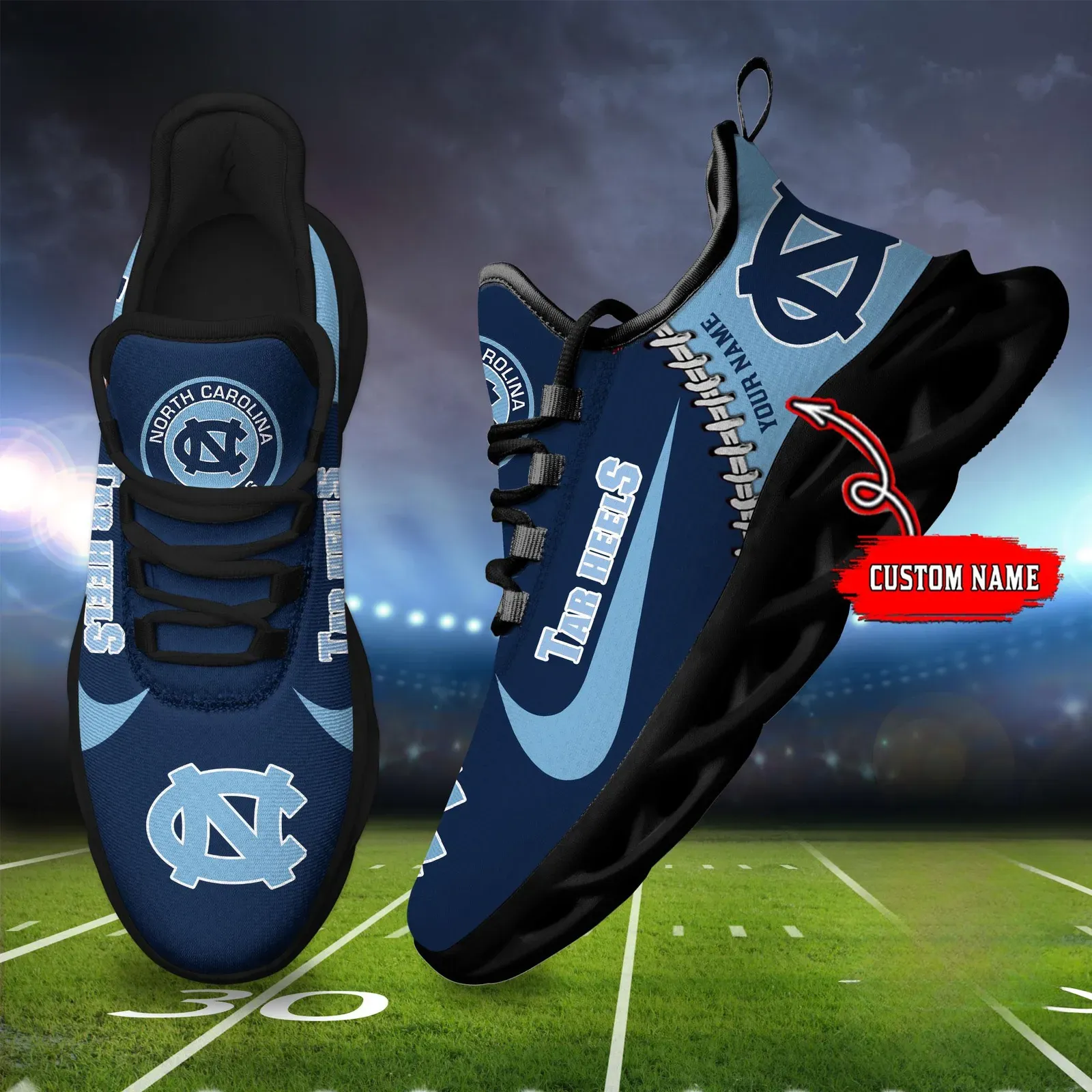 NCAA North Carolina Tar Heels Personalized Max Soul Shoes Sport Sneaker, Custom Name Light Blue and Navy College Football Kicks, Chapel Hill Gift
