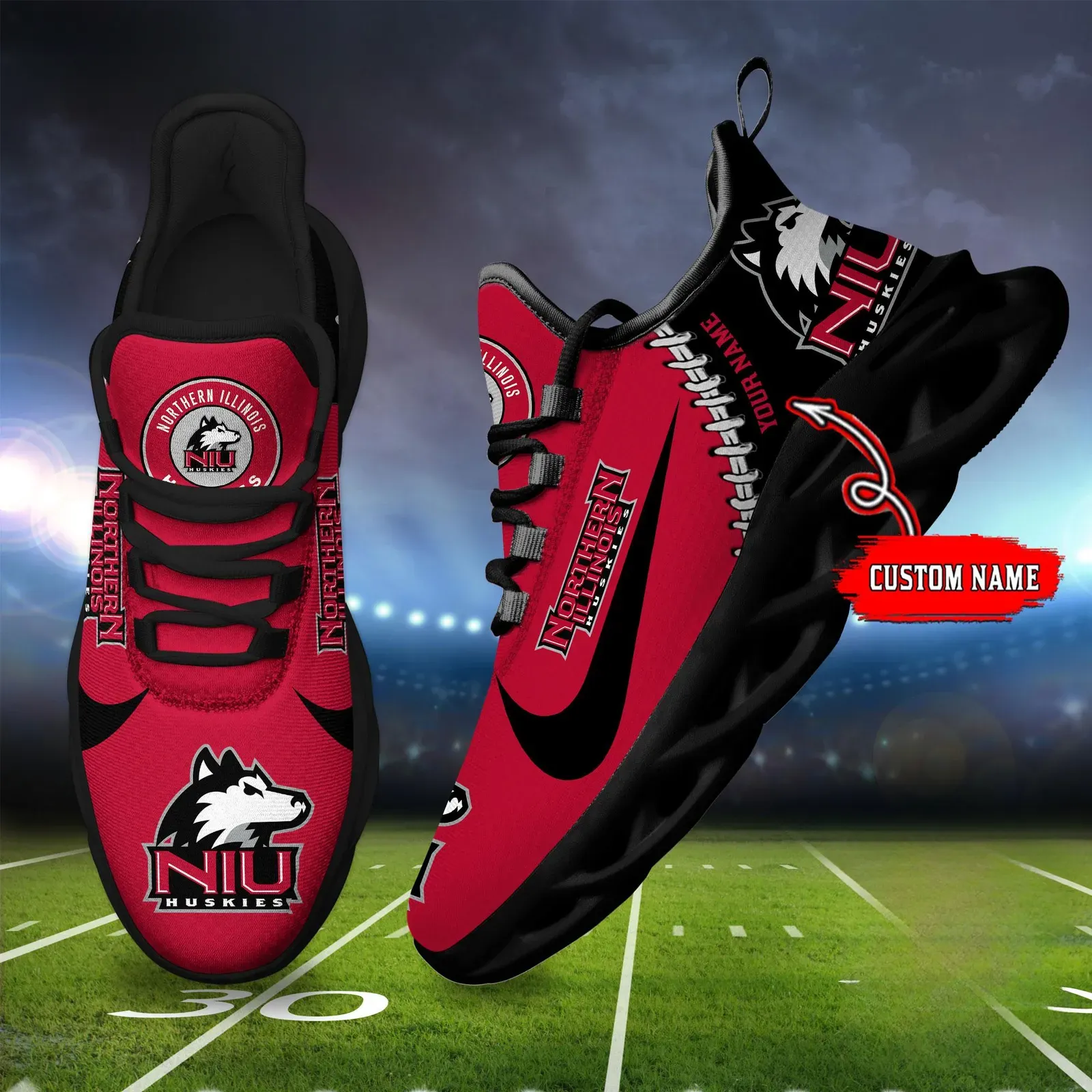 NCAA Northern Illinois Huskies Custom Name Max Soul Shoes Sport Sneaker, Personalized Red and Black College Football Fan Kicks, DeKalb NIU Gift