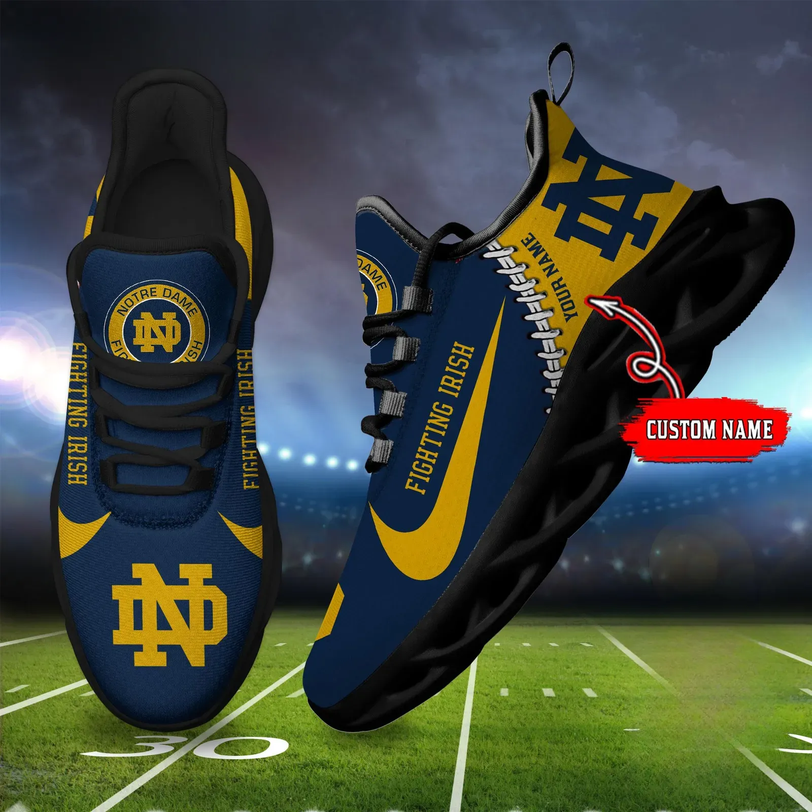 NCAA Notre Dame Fighting Irish Personalized Max Soul Shoes Sport Sneaker, Custom Name Navy and Gold College Football Kicks, South Bend Gift