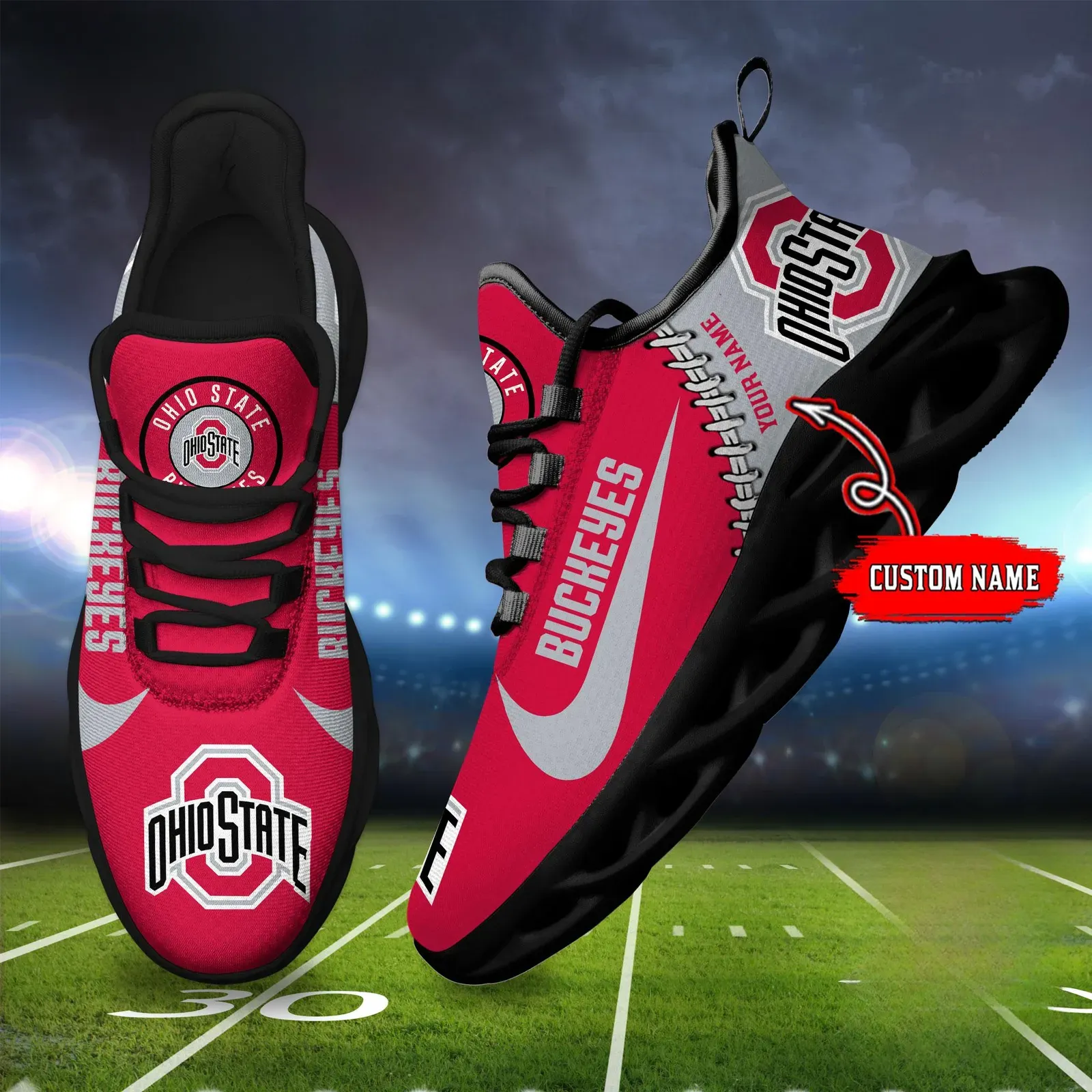NCAA Ohio State Buckeyes Custom Name Max Soul Shoes Sport Sneaker, Personalized Scarlet and Gray College Football Kicks, Columbus Fan Gift