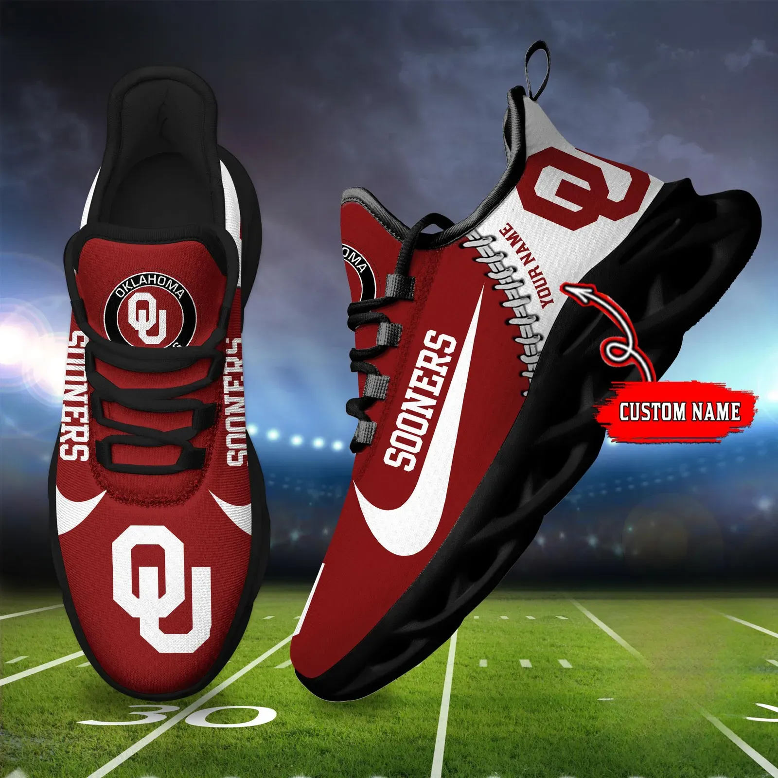 NCAA Oklahoma Sooners Personalized Max Soul Shoes Sport Sneaker, Custom Name Crimson and Cream College Football Kicks, Boomer Sooner Fan Gift
