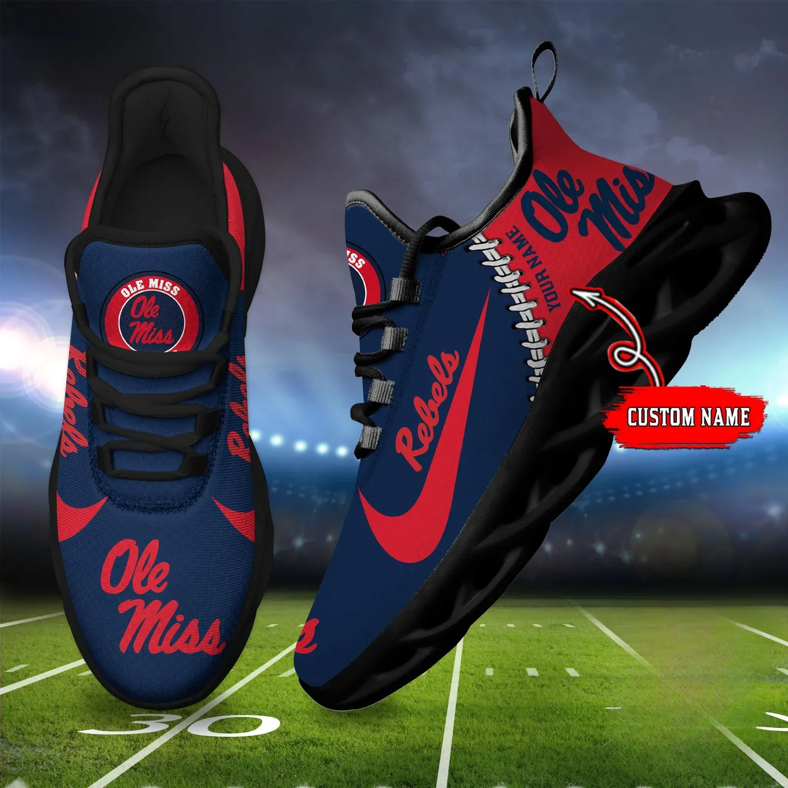 NCAA Ole Miss Rebels Custom Name Max Soul Shoes Sport Sneaker, Personalized Navy and Red College Football Fan Kicks, Oxford Hotty Toddy Gift