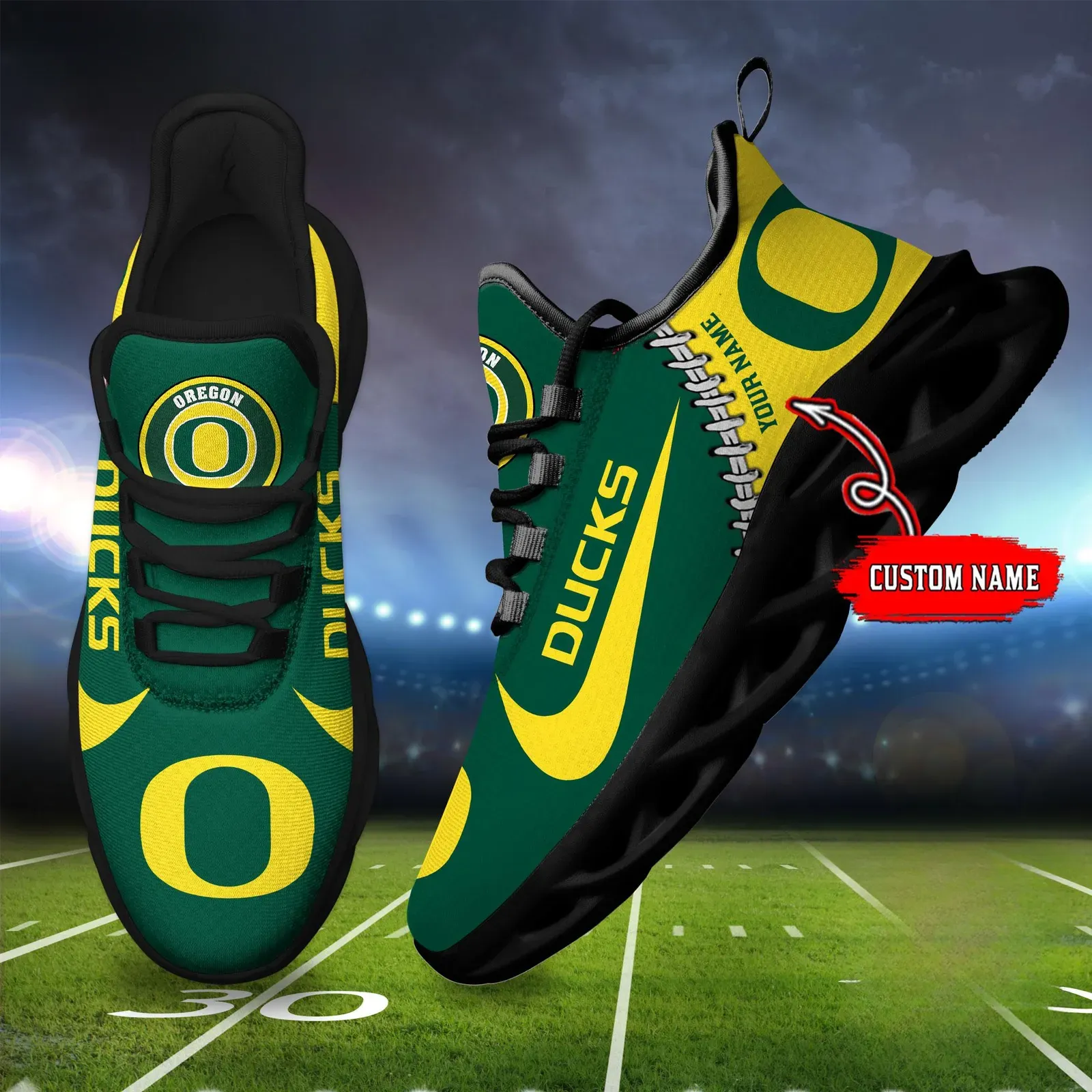 NCAA Oregon Ducks Personalized Max Soul Shoes Sport Sneaker, Custom Name Green and Yellow College Football Fan Kicks, Eugene Game Day Gift
