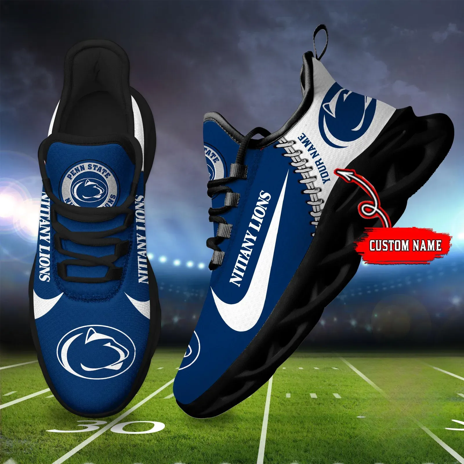 NCAA Penn State Nittany Lions Custom Name Max Soul Shoes Sport Sneaker, Personalized Navy and White College Football Fan Kicks, We Are Gift
