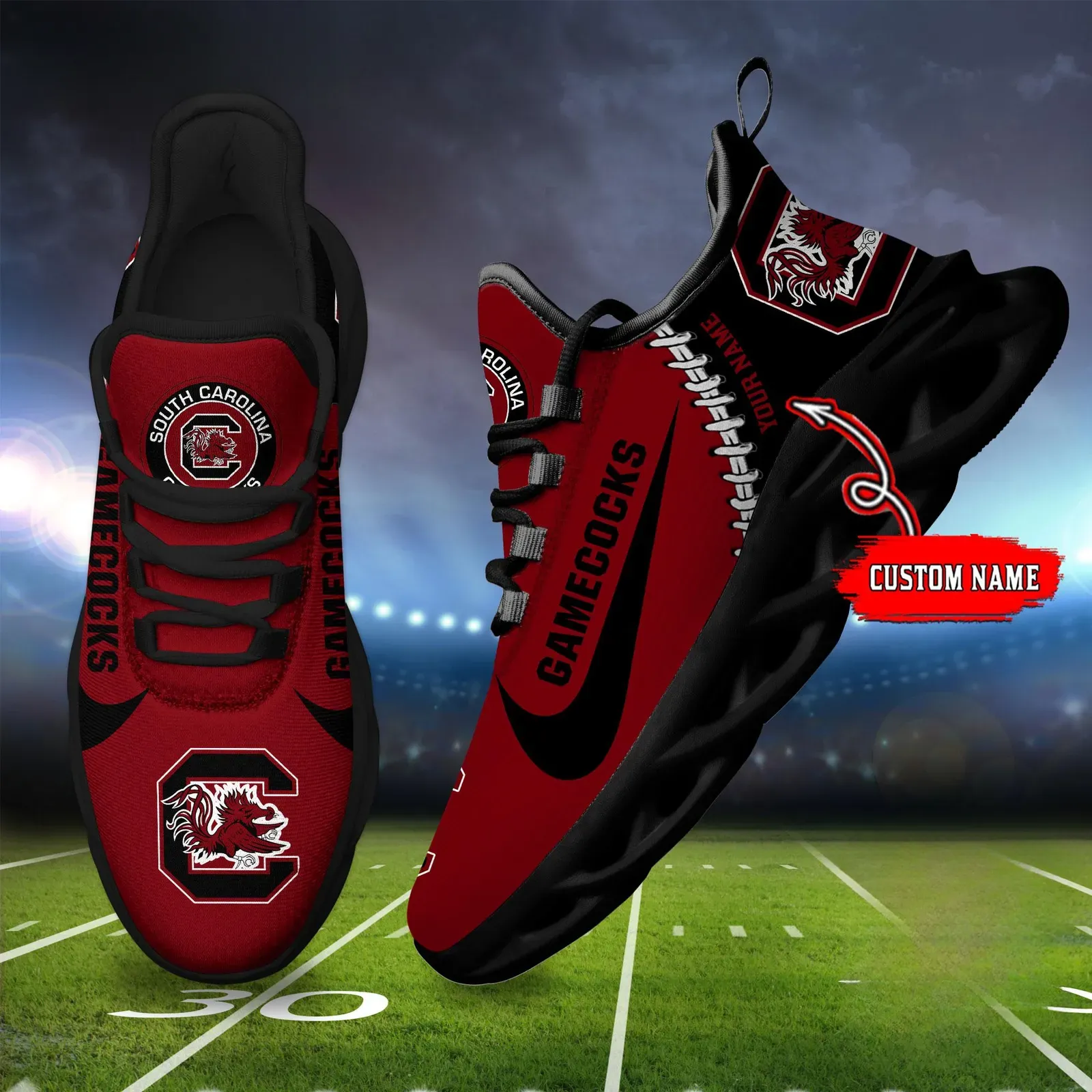 NCAA South Carolina Gamecocks Personalized Max Soul Shoes Sport Sneaker, Custom Name Garnet and Black College Football Kicks, Columbia Fan Gift