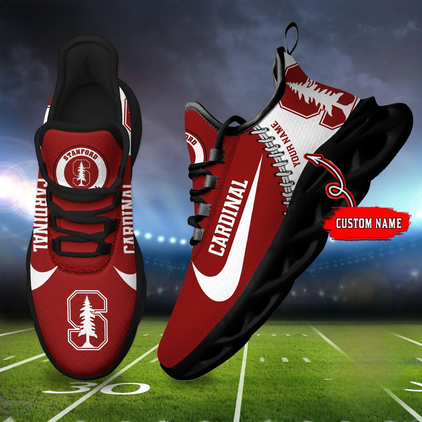 NCAA Stanford Cardinal Custom Name Max Soul Shoes Sport Sneaker, Personalized Red and White College Football Fan Kicks, Palo Alto Alumni Gift