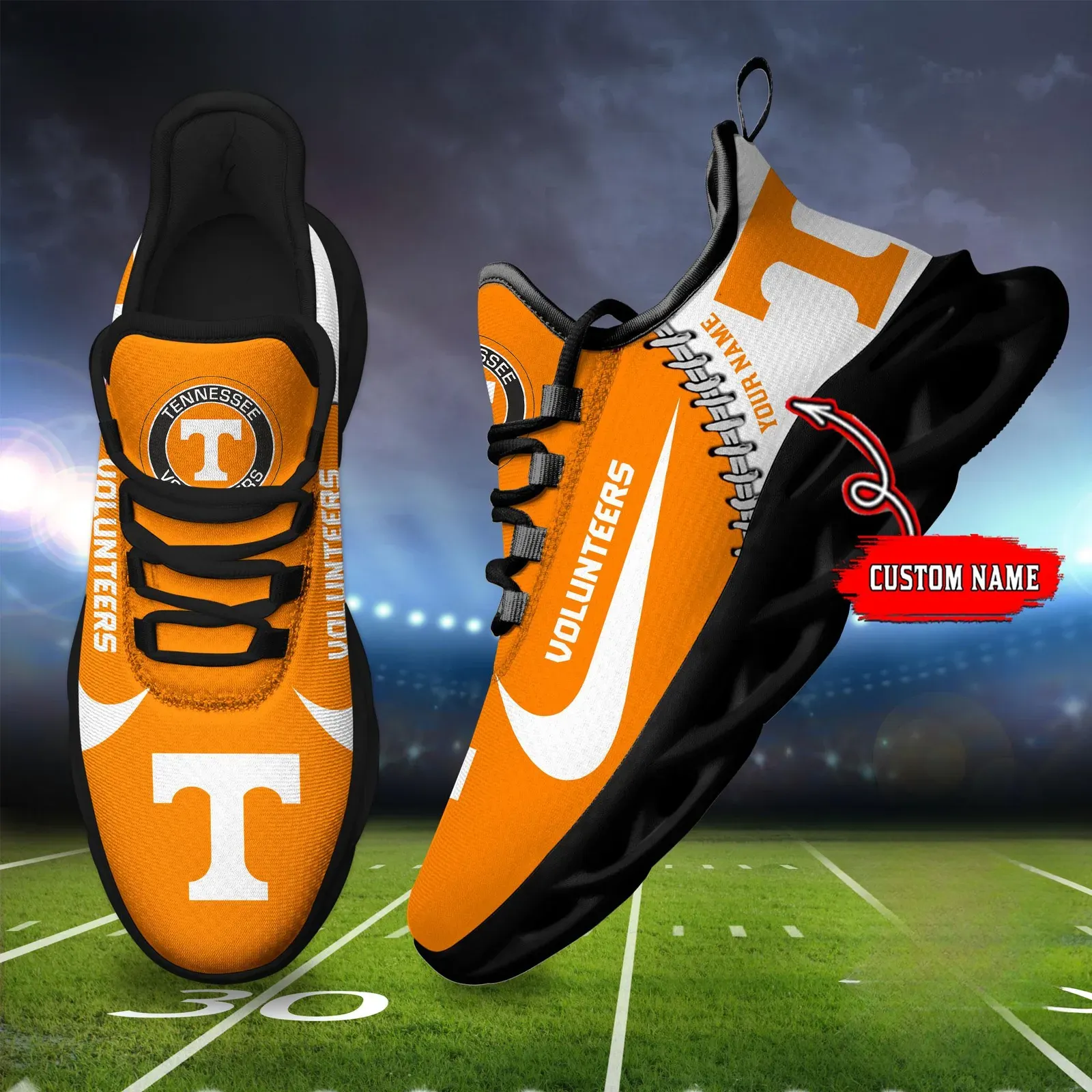 NCAA Tennessee Volunteers Personalized Max Soul Shoes Sport Sneaker, Custom Name Orange and White College Football Kicks, Vols Fan Gift Idea