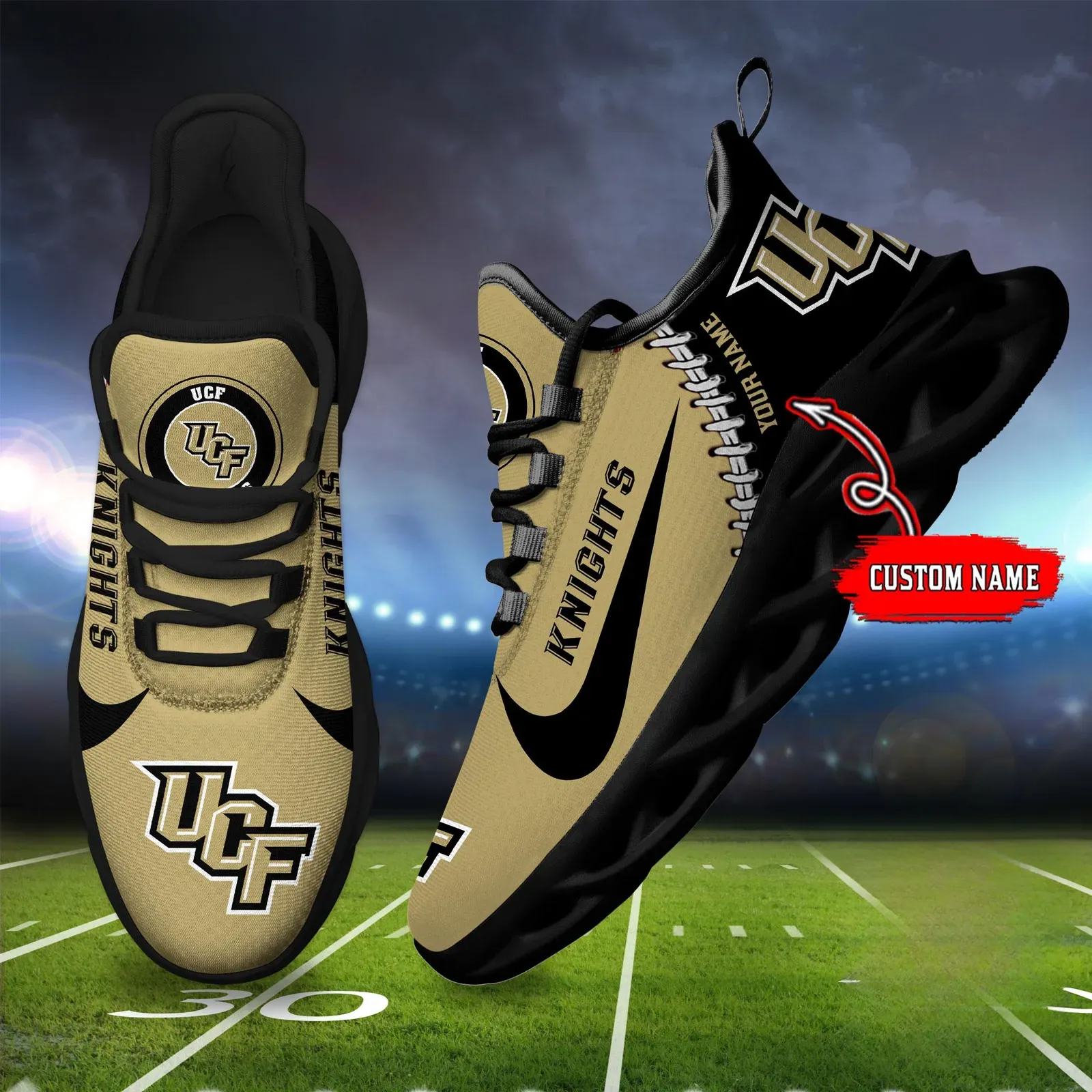 NCAA UCF Knights Custom Name Max Soul Shoes Sport Sneaker, Personalized Black and Gold College Football Fan Kicks, Orlando Game Day Gift Idea
