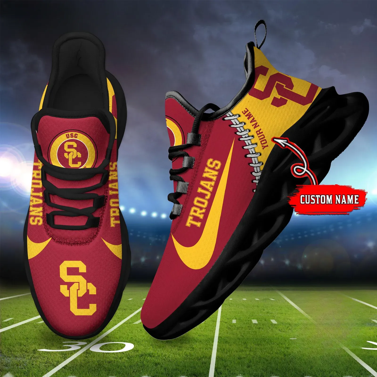 NCAA USC Trojans Personalized Max Soul Shoes Sport Sneaker, Custom Name Cardinal and Gold College Football Kicks, Fight On Fan Gift for Alumni