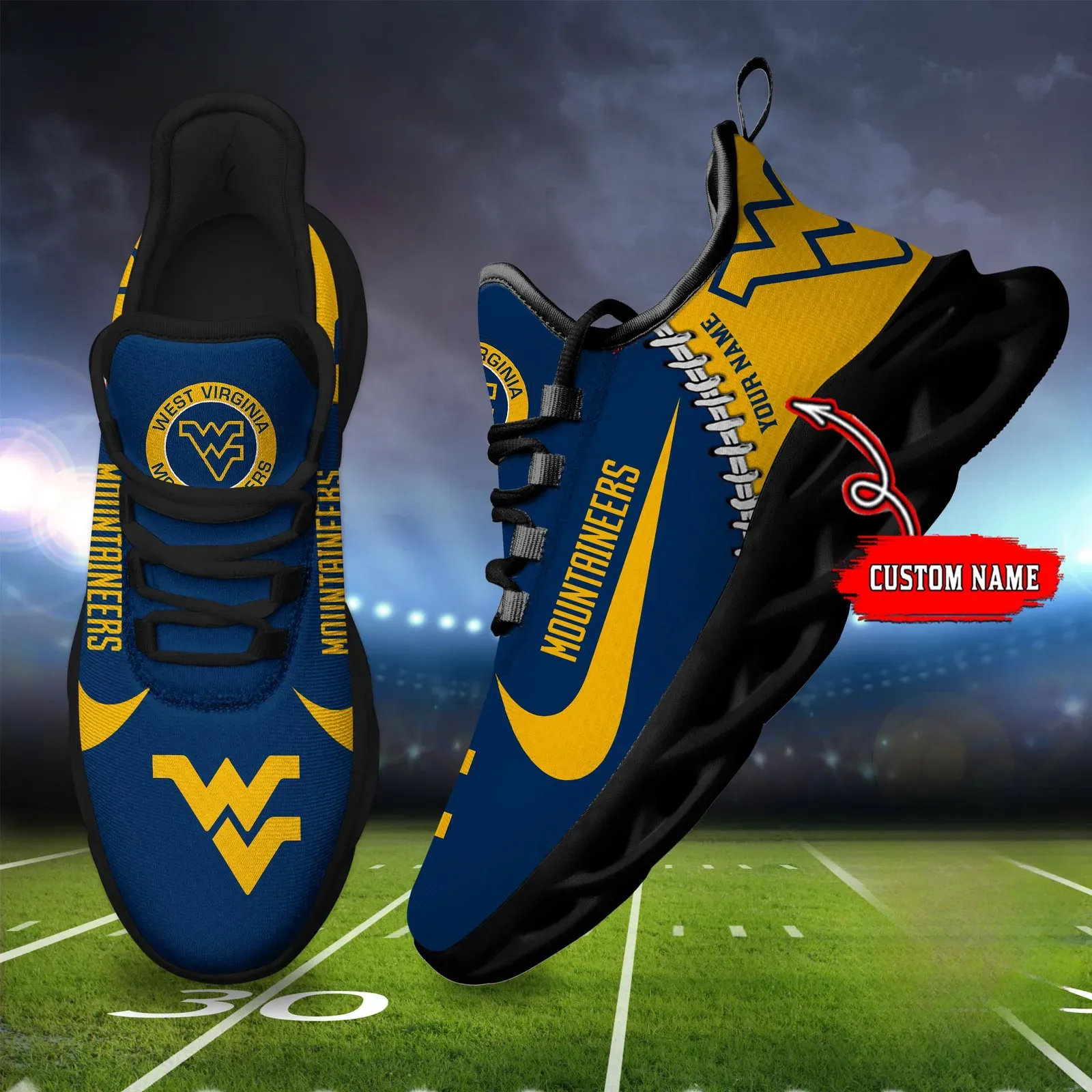 NCAA West Virginia Mountaineers Custom Name Max Soul Shoes, Personalized Navy and Gold College Football Sneakers, WVU Fan Gift