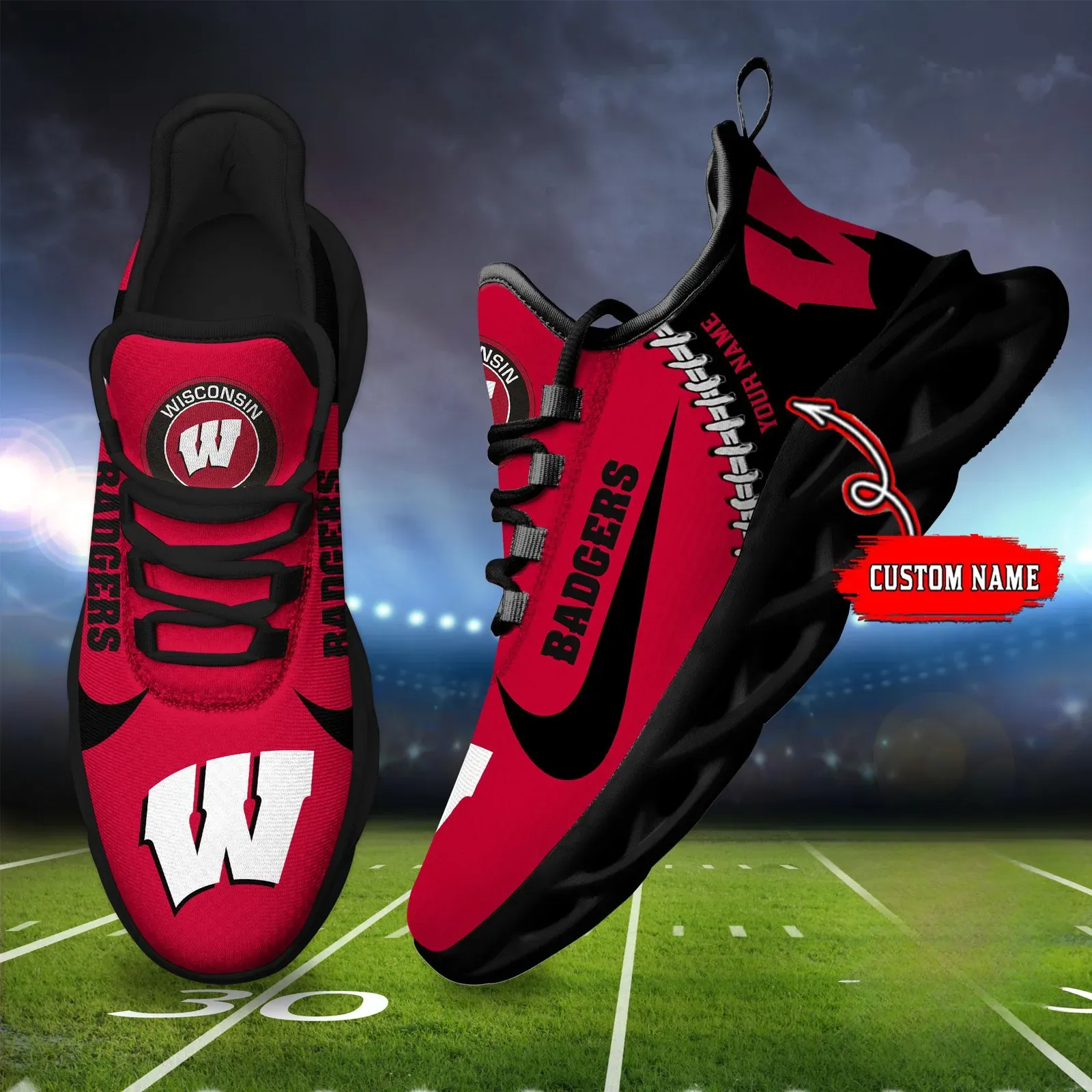 NCAA Wisconsin Badgers Custom Name Max Soul Shoes Sport Sneaker, Personalized Red and Black College Football Fan Gift, Madison Game Day Kicks