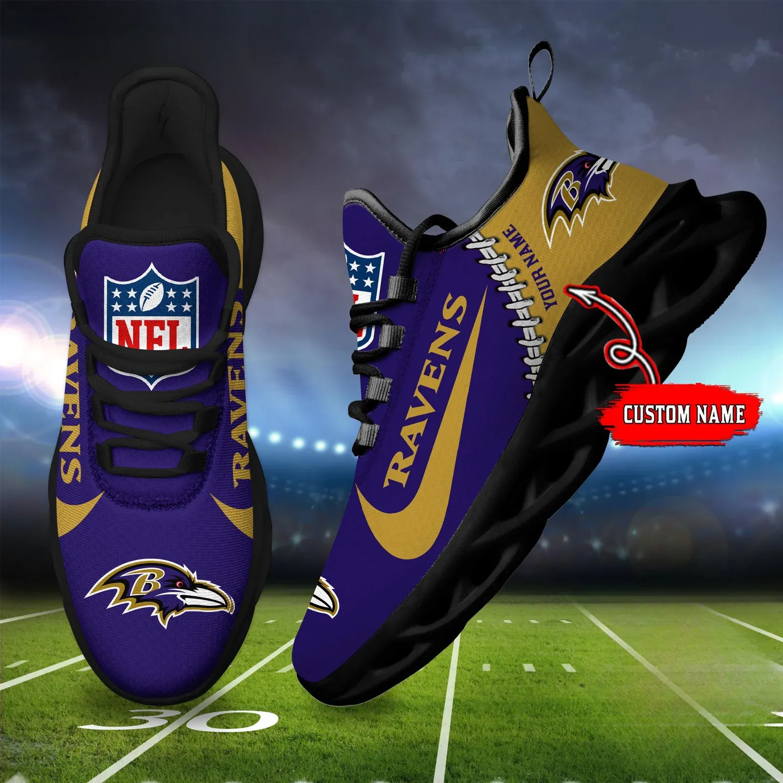 NFL Baltimore Ravens Football New Season Sneaker Max Soul Shoes, Personalized Name Mesh Trainers, Purple Flock Game Day Gift for Him or Her