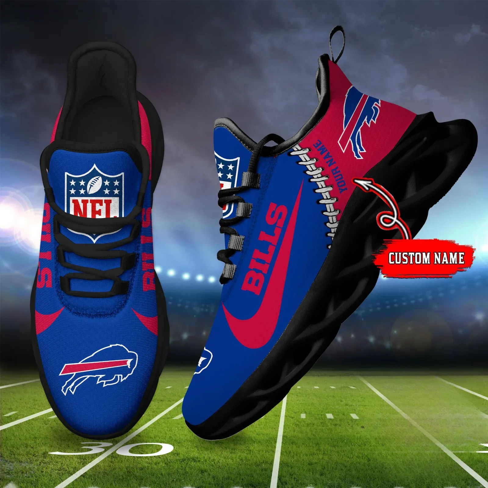 NFL Buffalo Bills Football New Season Sneaker Max Soul Shoes, Custom Name Walking Trainers, Personalized Orchard Park Game Day Gift for Mom