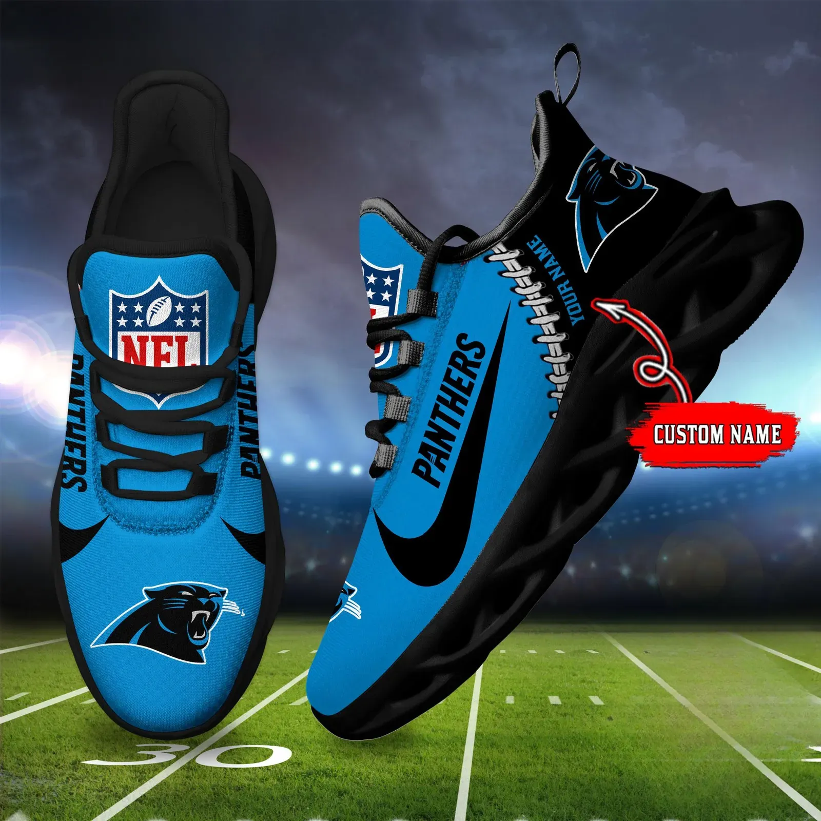 NFL Carolina Panthers Football New Season Sneaker Max Soul Shoes, Personalized Name Athletic Trainers, Keep Pounding Game Day Gift for Him or Her