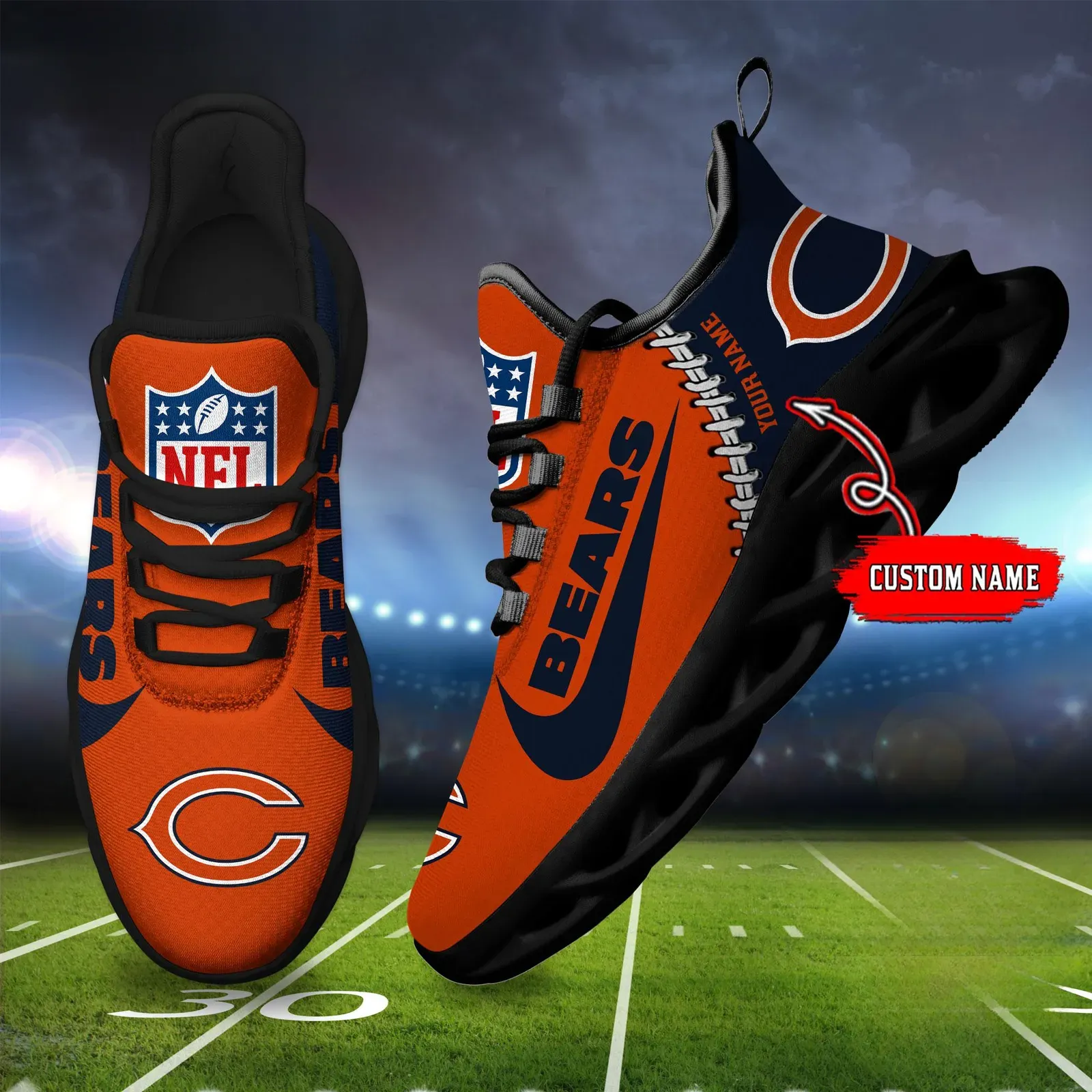 Personalized NFL Chicago Bears Max Soul Shoes, Custom Name Football Fan Running Shoes, New Season Game Day Sneakers for Fans