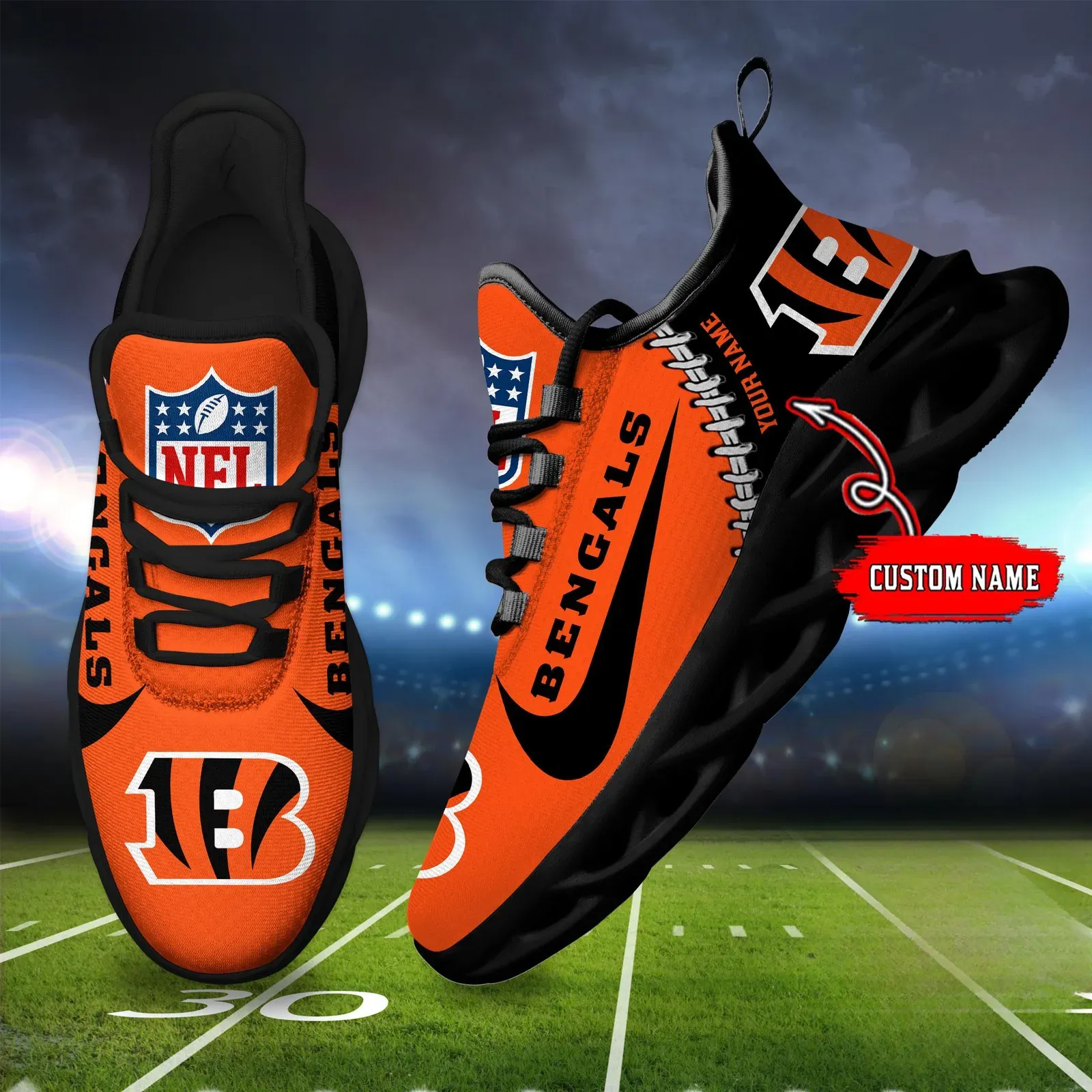 NFL Cincinnati Bengals Football New Season Sneaker Max Soul Shoes, Custom Name Lace-Up Trainers, Personalized Who Dey Game Day Gift for Dad