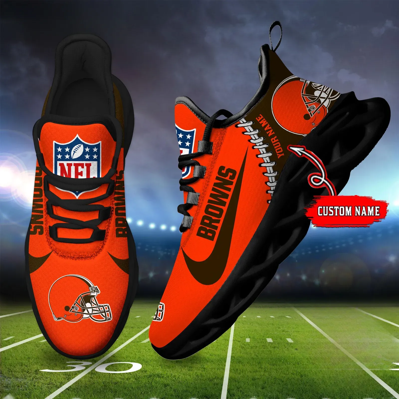 NFL Cleveland Browns Football New Season Sneaker Max Soul Shoes, Personalized Name Mesh Trainers, Dawg Pound Game Day Gift for Him or Her