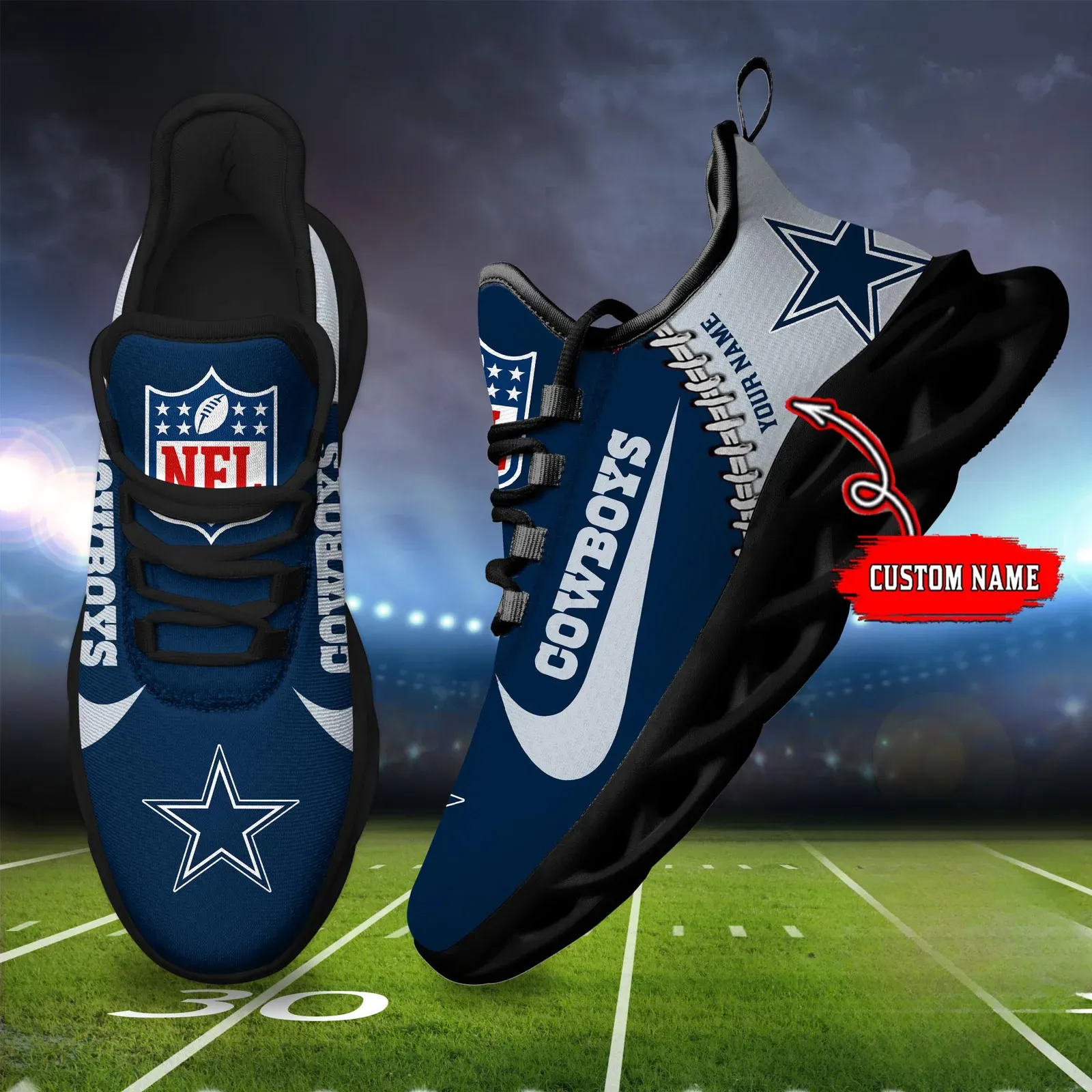 NFL Dallas Cowboys Football New Season Sneaker Max Soul Shoes, Custom Name Athletic Trainers, Personalized America's Team Game Day Gift