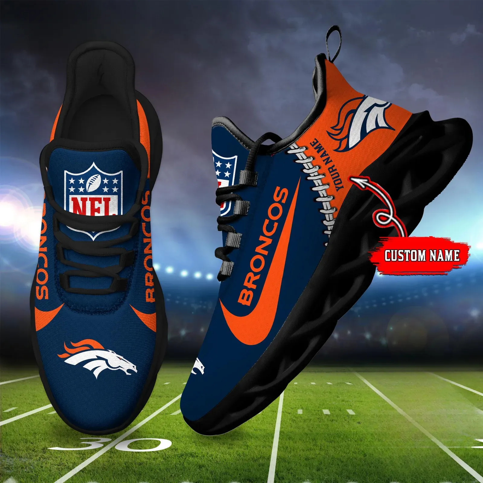 NFL Denver Broncos Football New Season Sneaker Max Soul Shoes, Personalized Name Walking Trainers, Mile High Game Day Gift for Dad or Mom