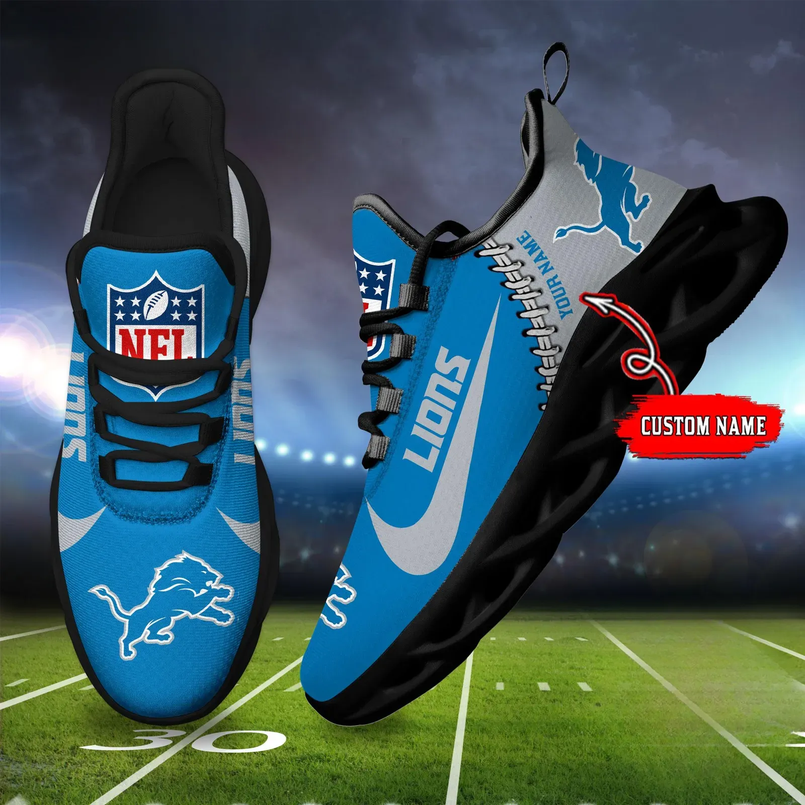 NFL Detroit Lions Football New Season Sneaker Max Soul Shoes, Custom Name Lace-Up Trainers, Personalized Motor City Game Day Gift