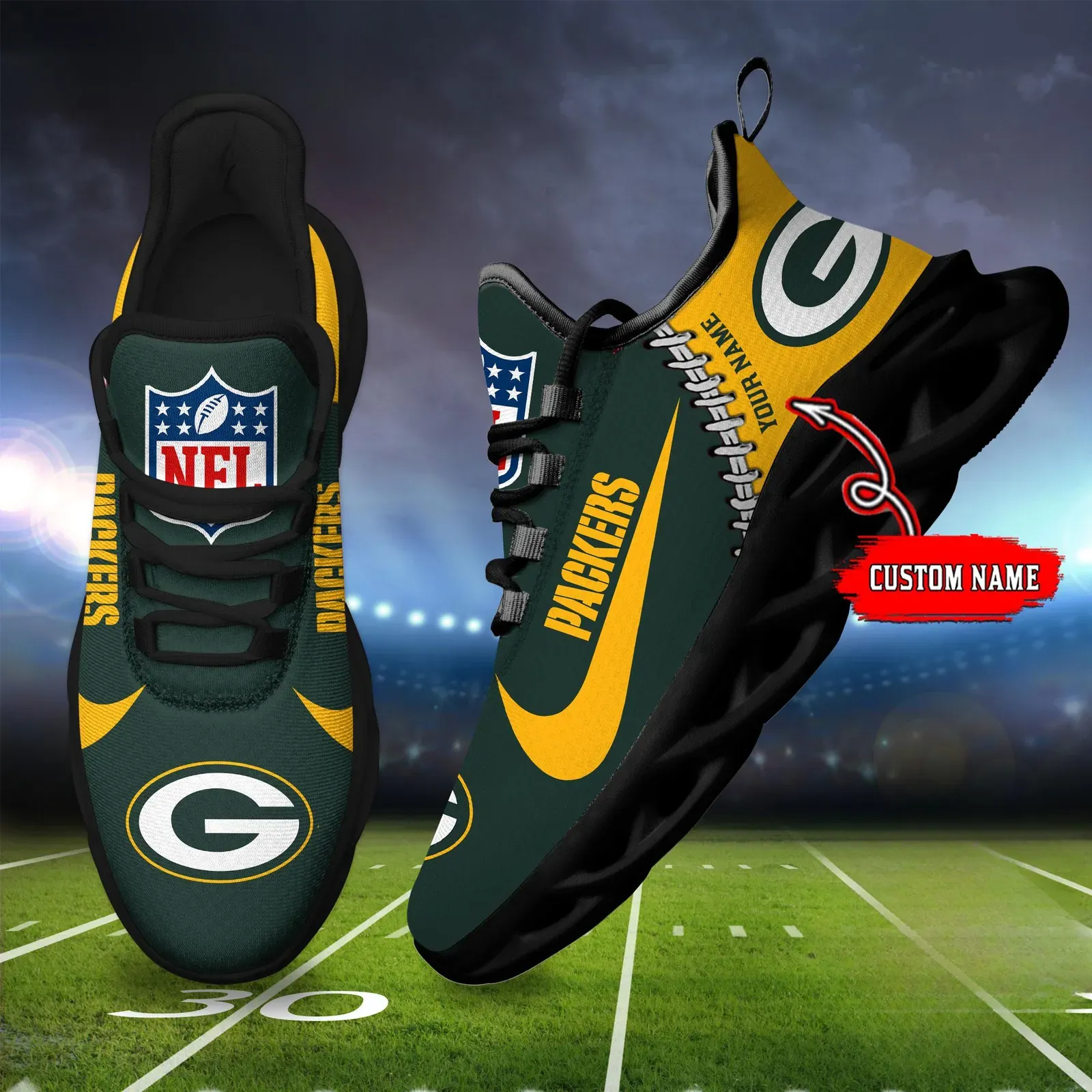 NFL Green Bay Packers Football New Season Sneaker Max Soul Shoes, Personalized Name Athletic Trainers, Cheesehead Game Day Gift for Him or Her