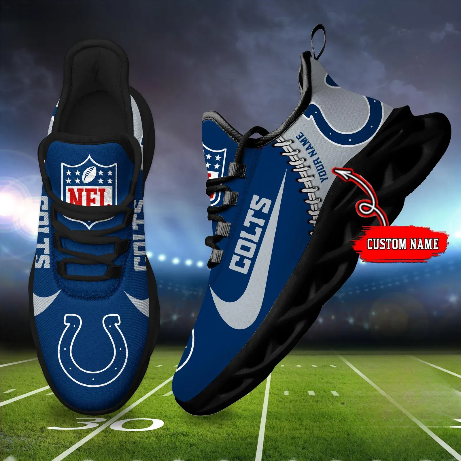 NFL Indianapolis Colts Football New Season Sneaker Max Soul Shoes, Personalized Name Lace-Up Trainers, Horseshoe Game Day Gift for Him or Her