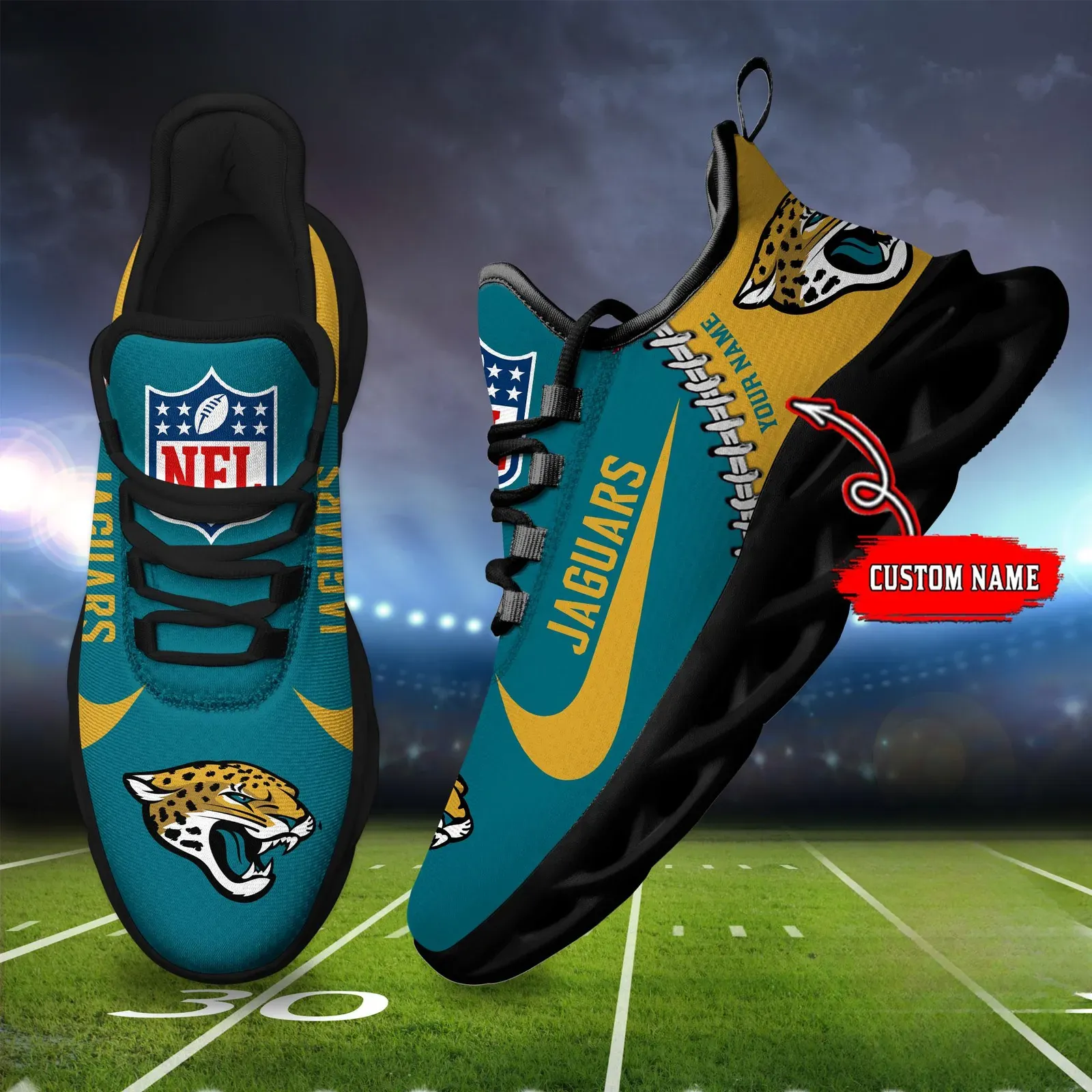 NFL Jacksonville Jaguars Football New Season Sneaker Max Soul Shoes, Custom Name Walking Trainers, Personalized Duval Game Day Gift for Dad