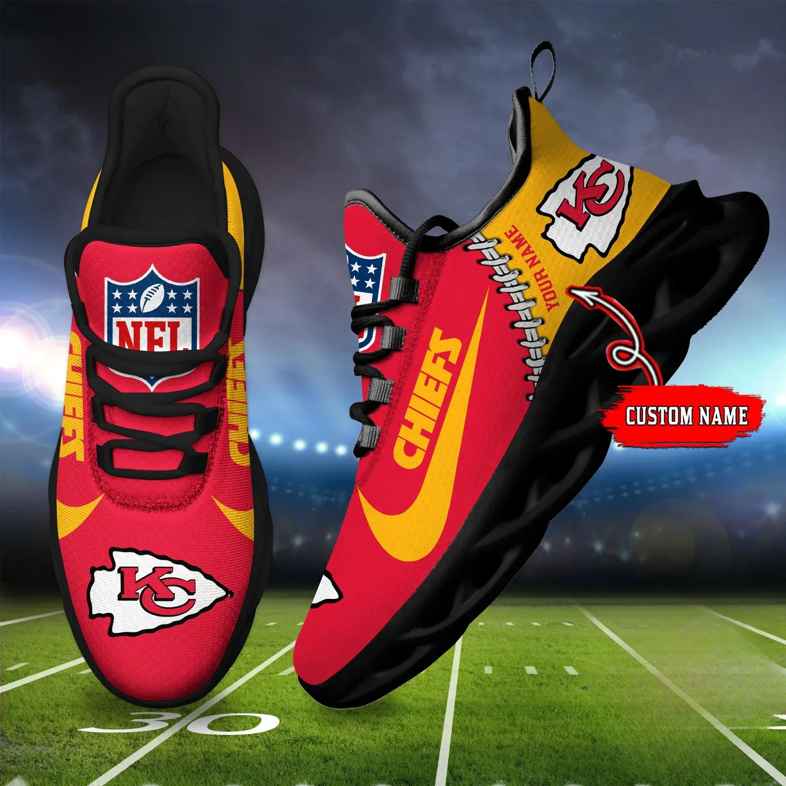 NFL Kansas City Chiefs Football New Season Sneaker Max Soul Shoes, Personalized Name Athletic Trainers, Arrowhead Game Day Gift for Him or Her