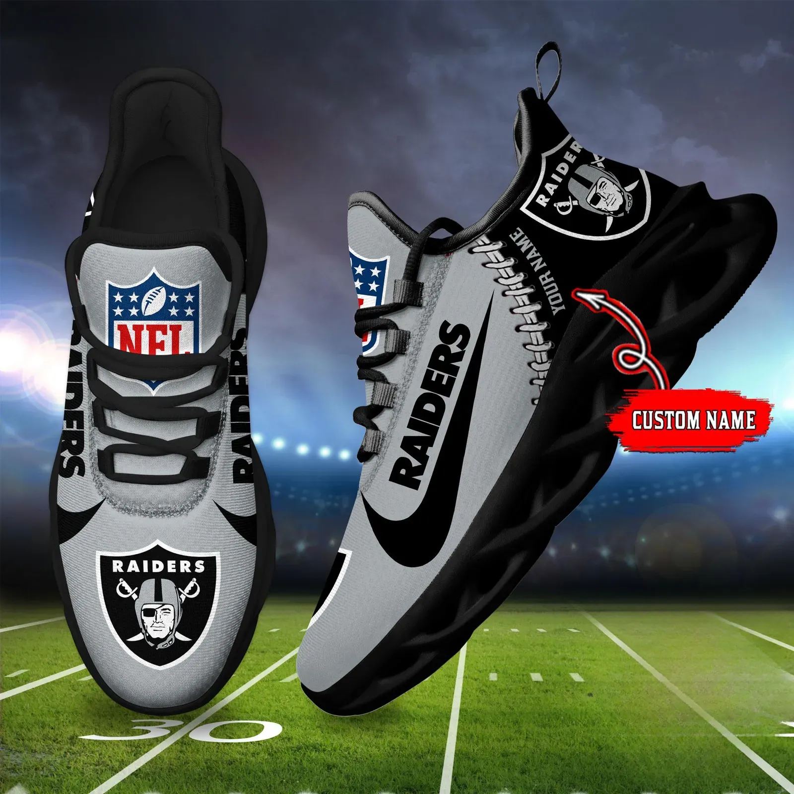 NFL Las Vegas Raiders Football New Season Sneaker Max Soul Shoes, Custom Name Lace-Up Trainers, Personalized Silver and Black Gift for Dad