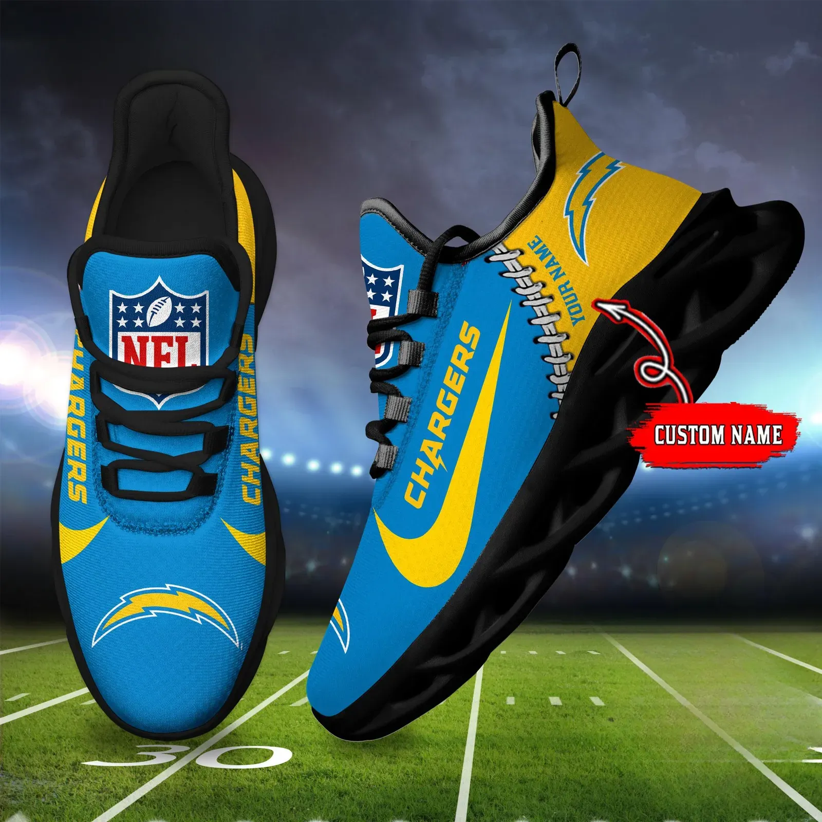 NFL Los Angeles Chargers Football New Season Sneaker Max Soul Shoes, Personalized Name Mesh Trainers, Bolt Up Game Day Gift for Him or Her