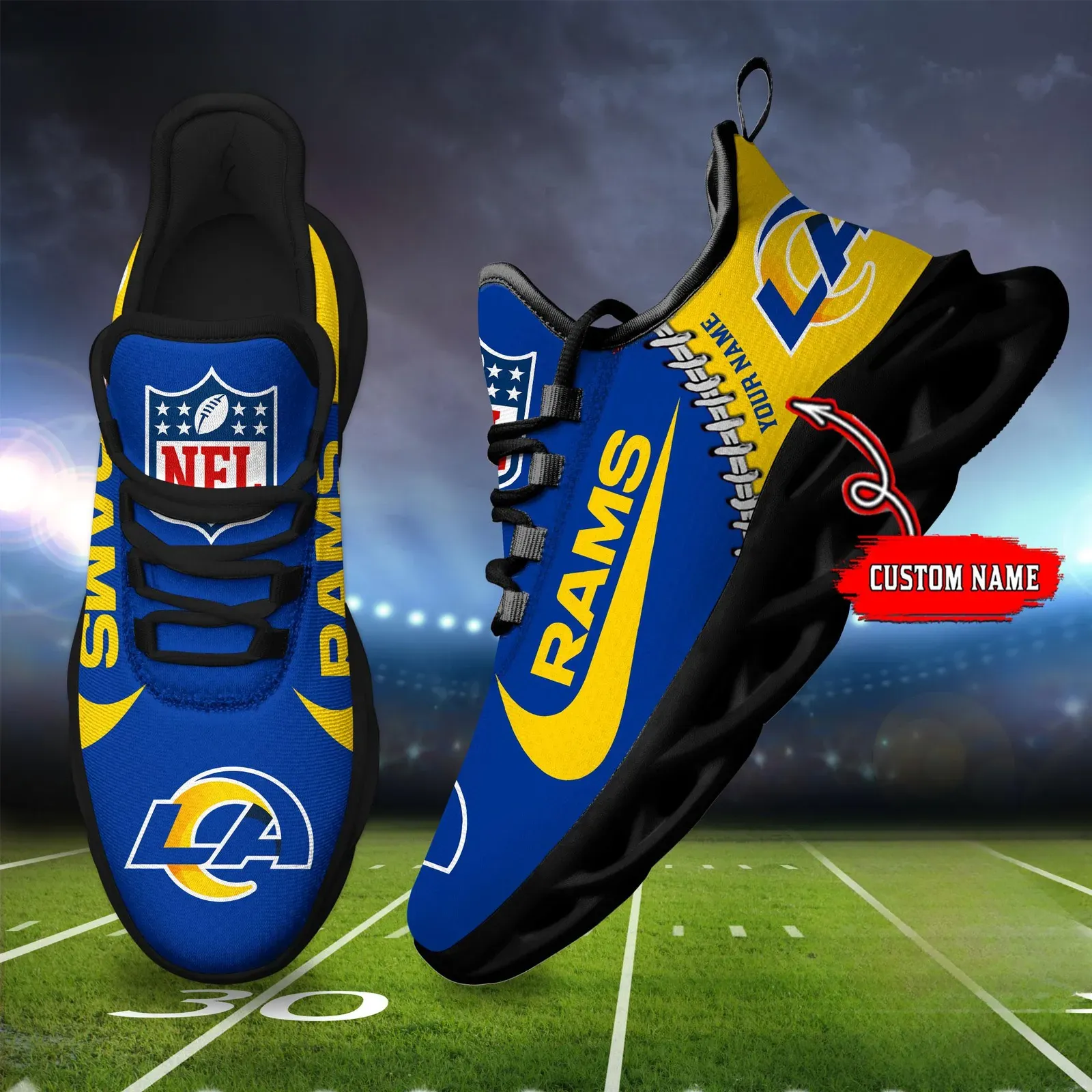 NFL Los Angeles Rams Football New Season Sneaker Max Soul Shoes, Custom Name Athletic Trainers, Personalized Horns Up Game Day Gift