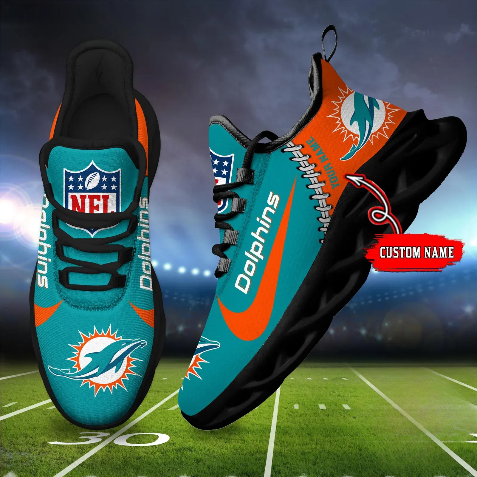 NFL Miami Dolphins Football New Season Sneaker Max Soul Shoes, Personalized Name Lace-Up Trainers, Fins Up Game Day Gift for Dad or Mom