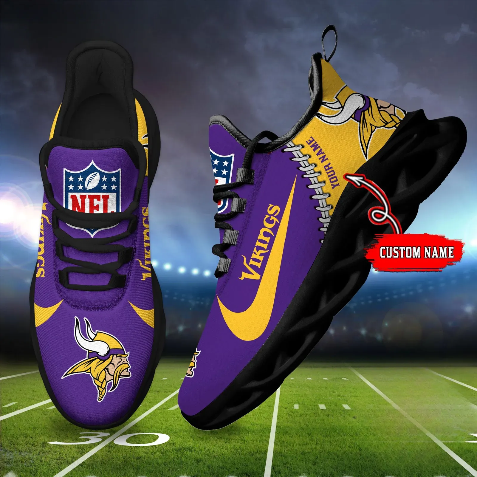 NFL Minnesota Vikings Football New Season Sneaker Max Soul Shoes, Custom Name Mesh Trainers, Personalized Skol Game Day Gift for Him or Her