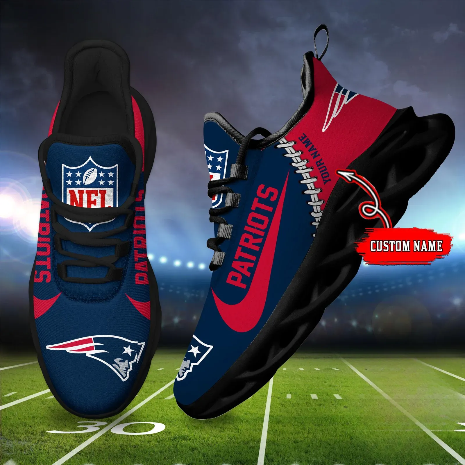 NFL New England Patriots Football New Season Sneaker Max Soul Shoes, Personalized Name Athletic Trainers, Game Day Gift for Pats Supporters